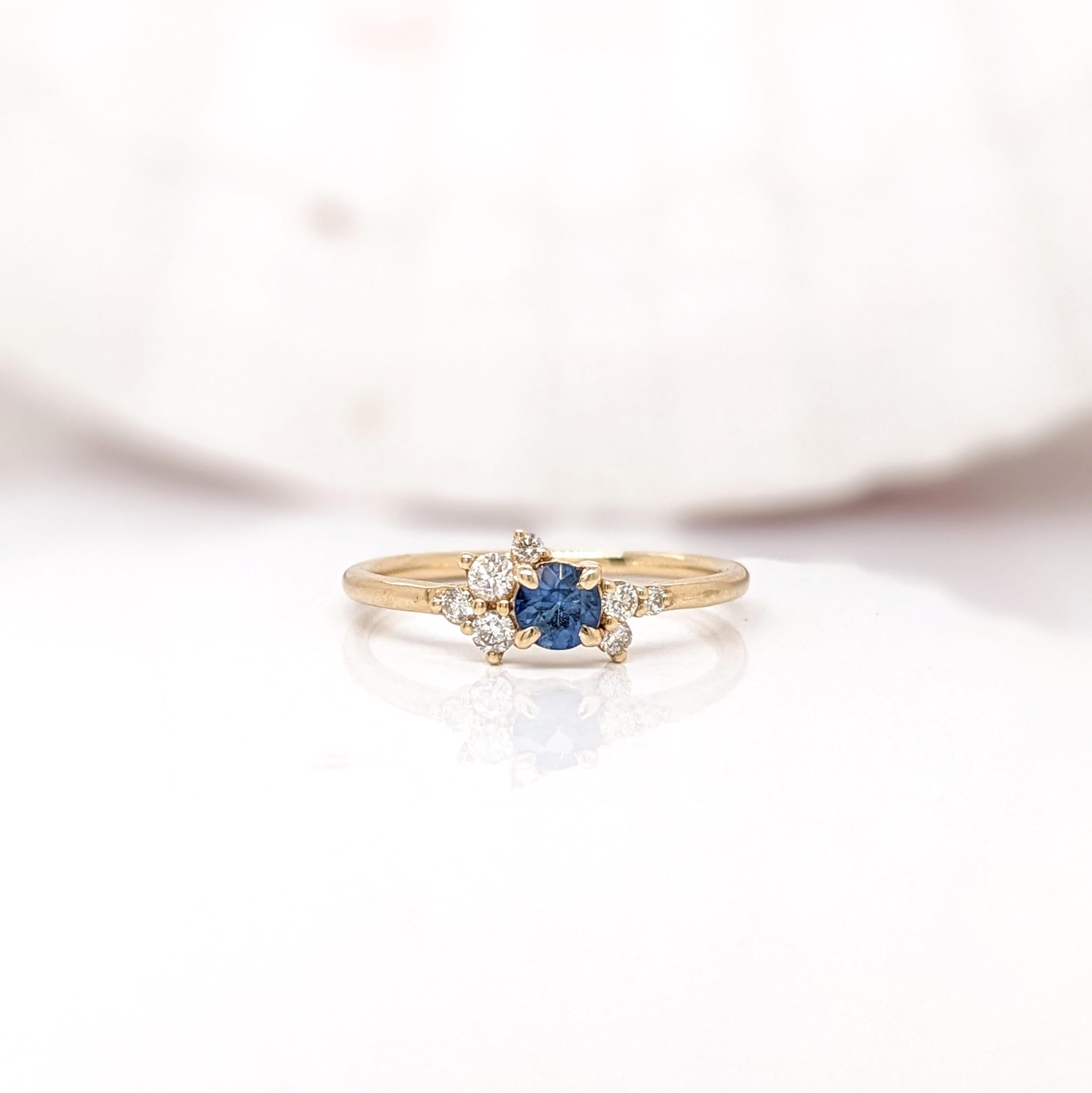Women's Cute Sapphire Ring w Earth Mined Diamonds in Solid 14K Yellow Gold  Round 4mm For Sale