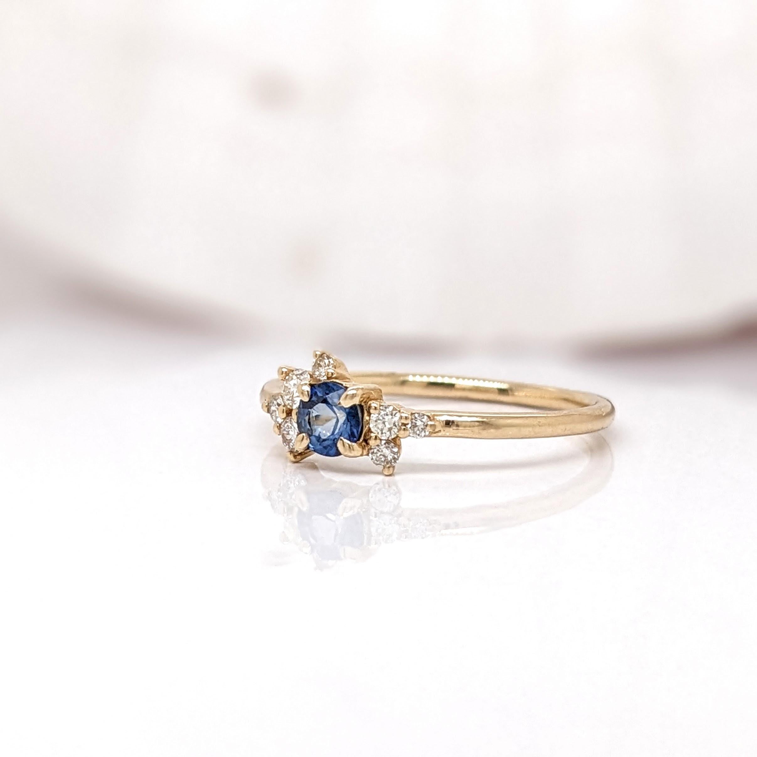 Cute Sapphire Ring w Earth Mined Diamonds in Solid 14K Yellow Gold  Round 4mm For Sale 2