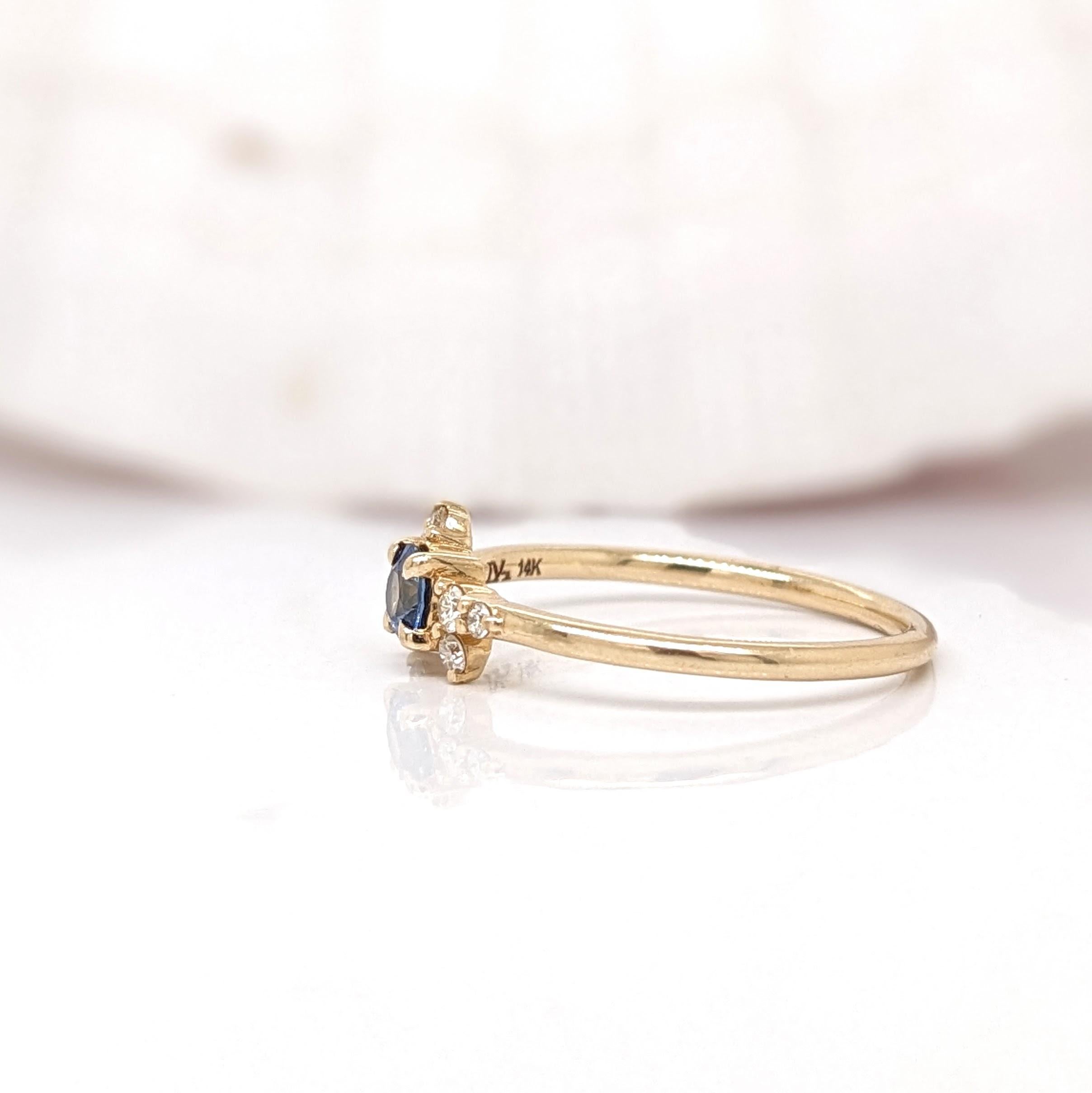 Cute Sapphire Ring w Earth Mined Diamonds in Solid 14K Yellow Gold  Round 4mm For Sale 3