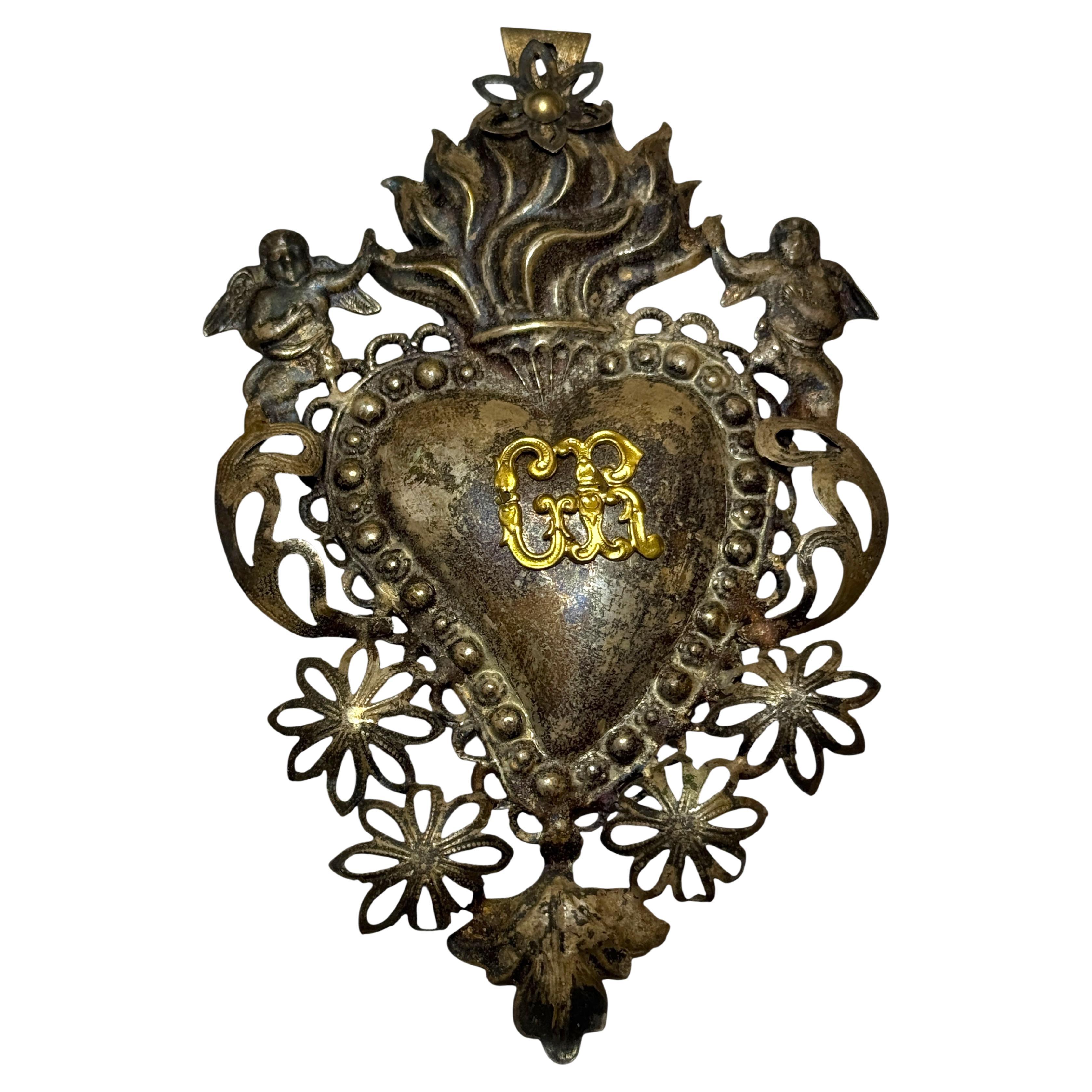 Cute Silver Sacred Heart Ex Voto with Cherub Angel, Antique European, 1900s