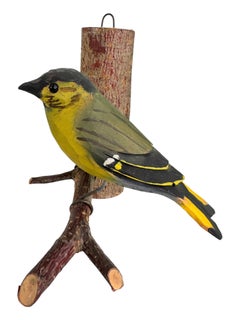 cute Siskin Viechtauer Hand Carved Wood Bird, Black Forest Folk Art, Austria