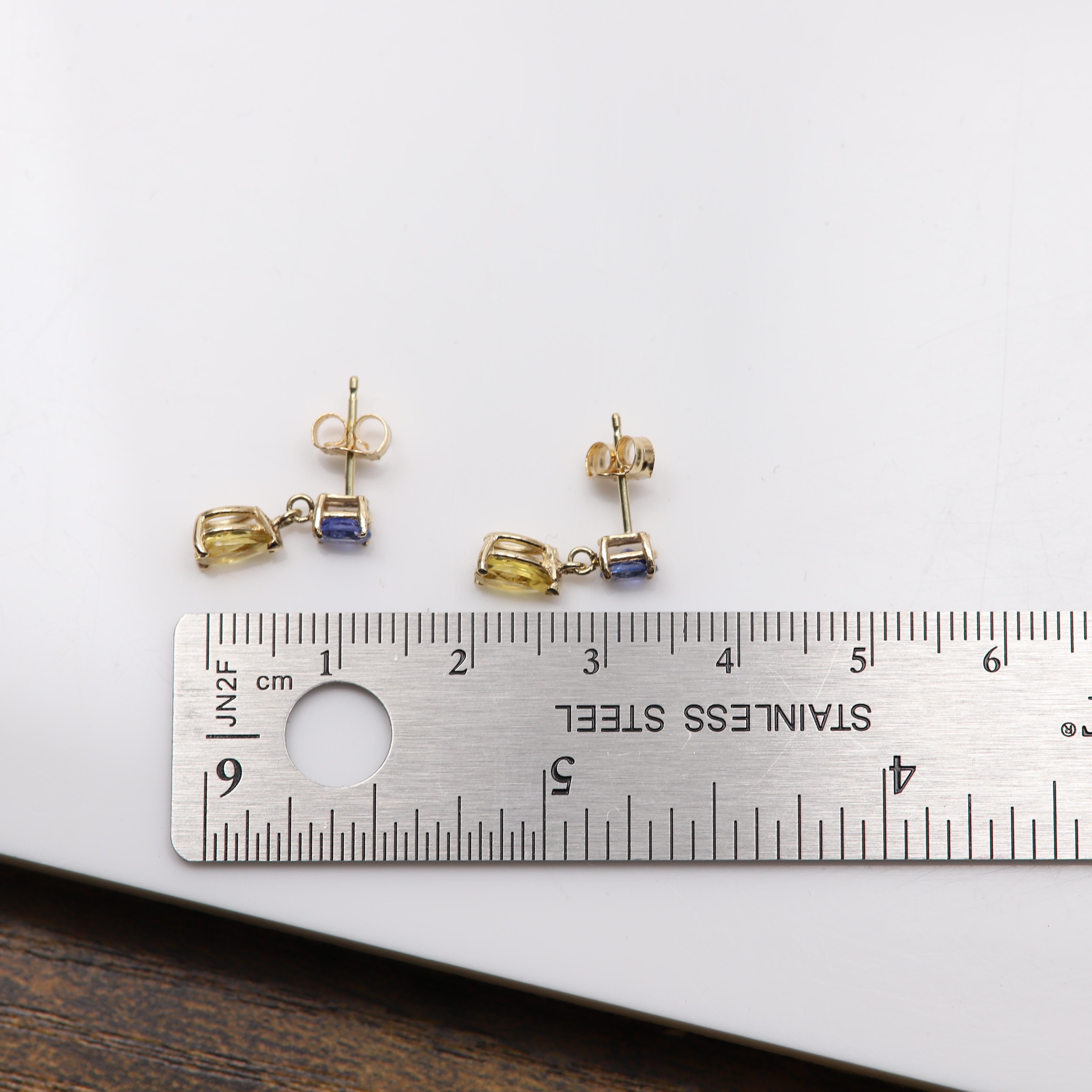 Oval Cut Cute Small Dangle Earrings 14 Karat Yellow Gold Blue Sapphire and Citrine For Sale