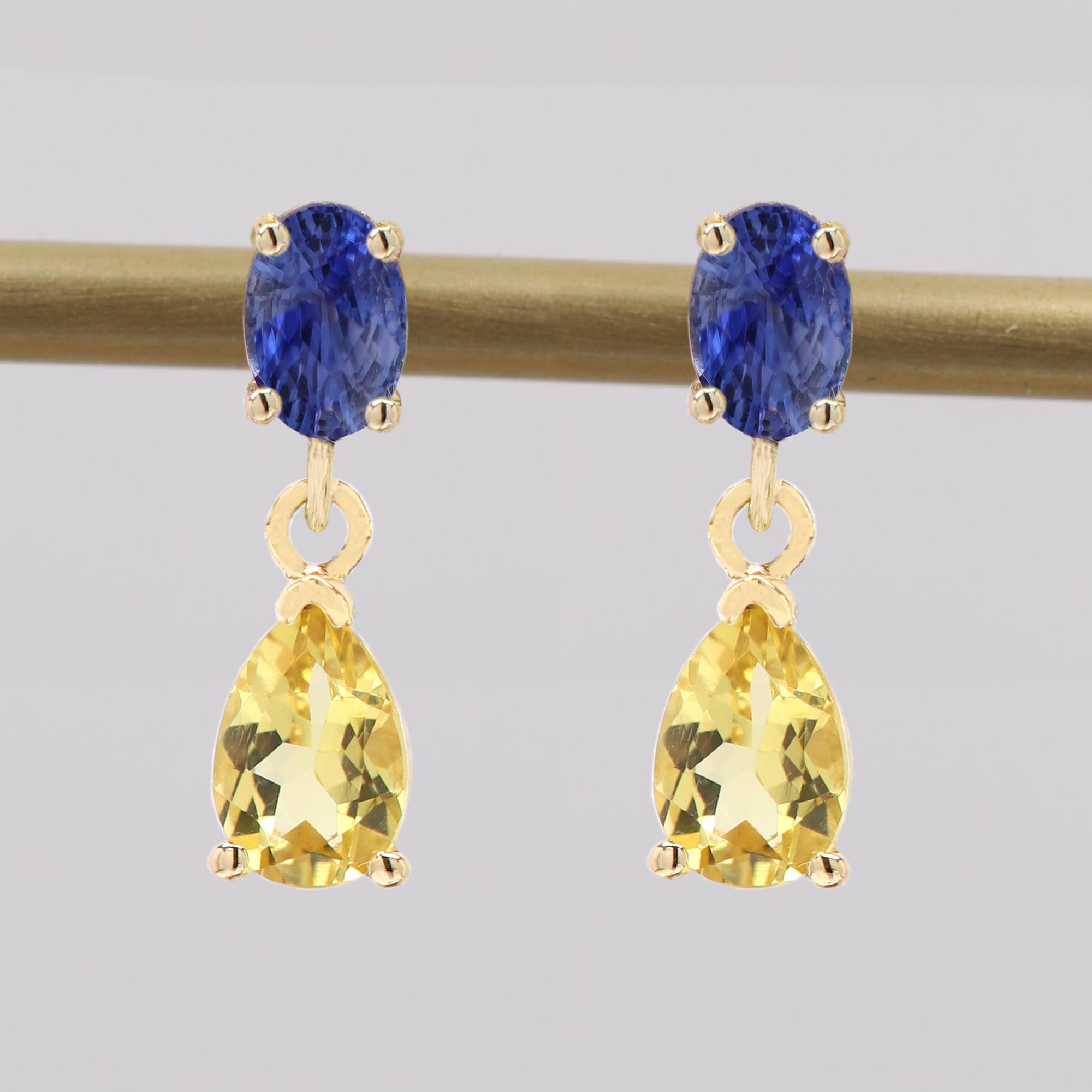 Women's Cute Small Dangle Earrings 14 Karat Yellow Gold Blue Sapphire and Citrine For Sale