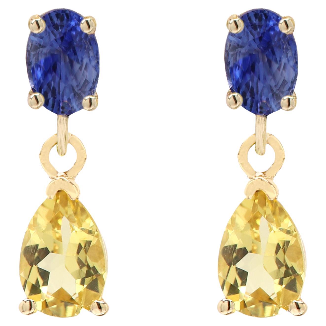 Cute Small Dangle Earrings 14 Karat Yellow Gold Blue Sapphire and Citrine For Sale