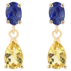 Cute Small Dangle Earrings 14 Karat Yellow Gold Blue Sapphire and Citrine