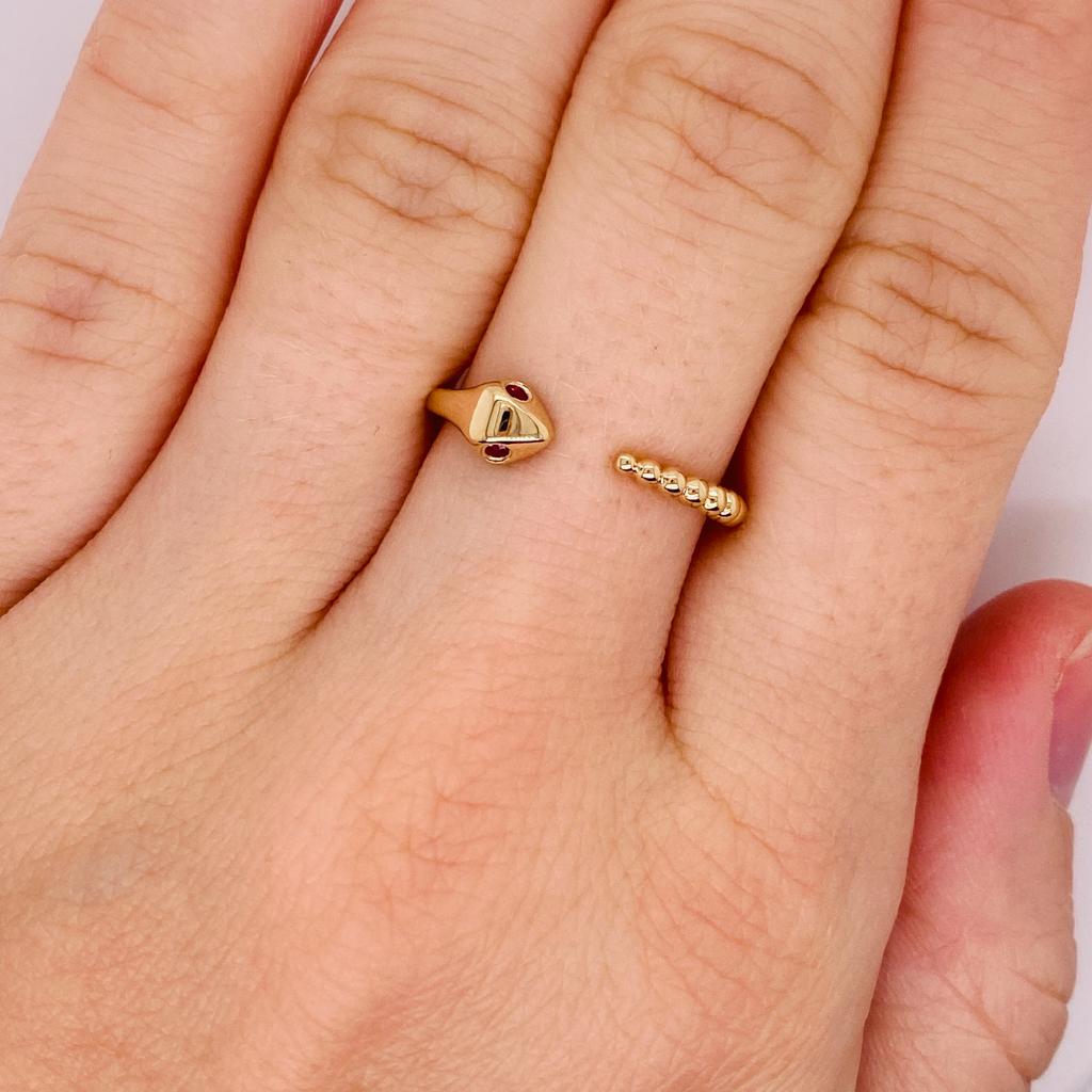 For Sale:  Cute Snake Negative Space Open Ring with Ruby Eyes, Baby Snake, 14K Gold LR52680 2