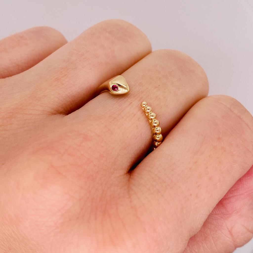 For Sale:  Cute Snake Negative Space Open Ring with Ruby Eyes, Baby Snake, 14K Gold LR52680 3