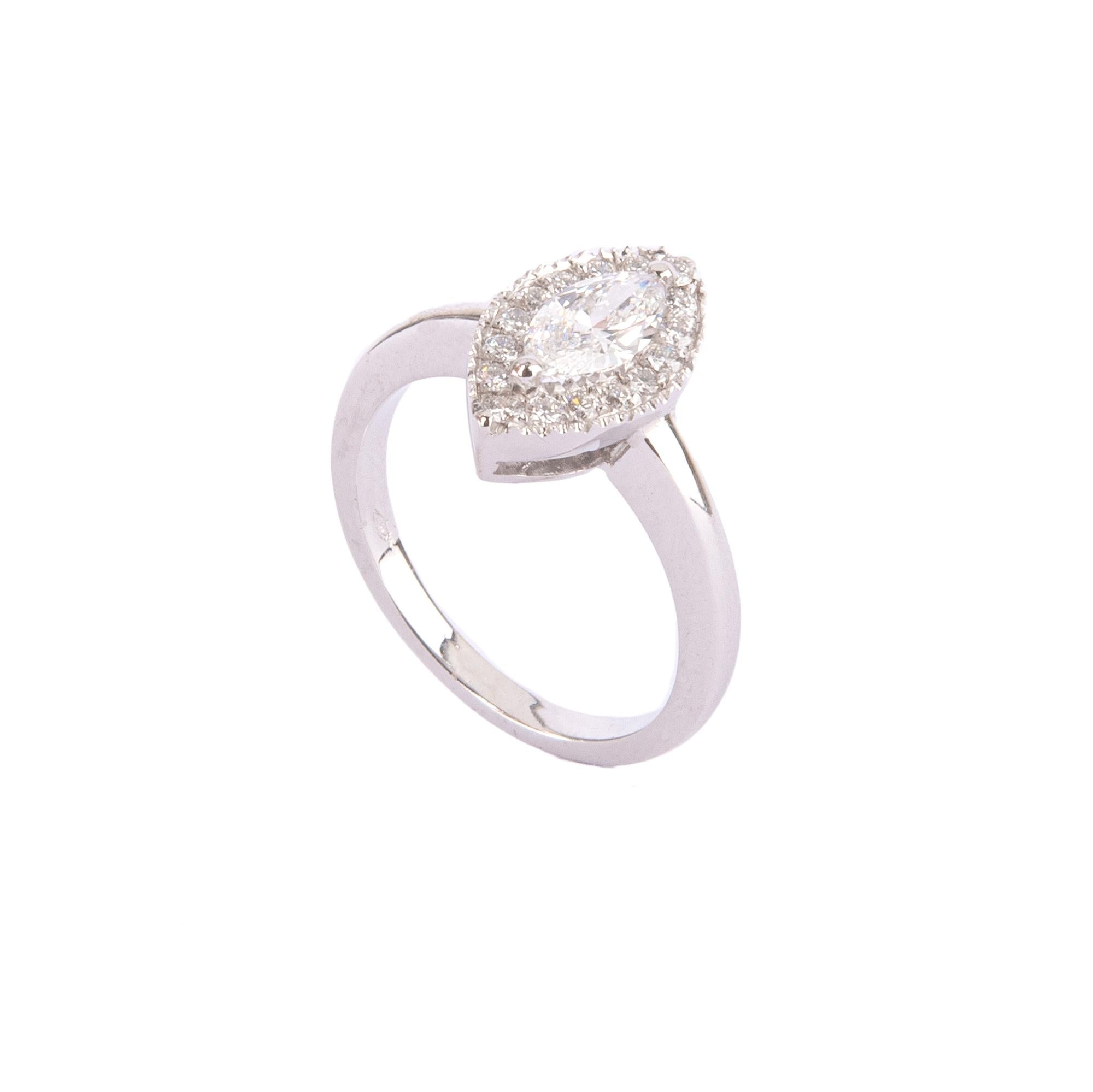 White gold ring with one marquise diamond ct 0,65 and diamonds ct.0,30