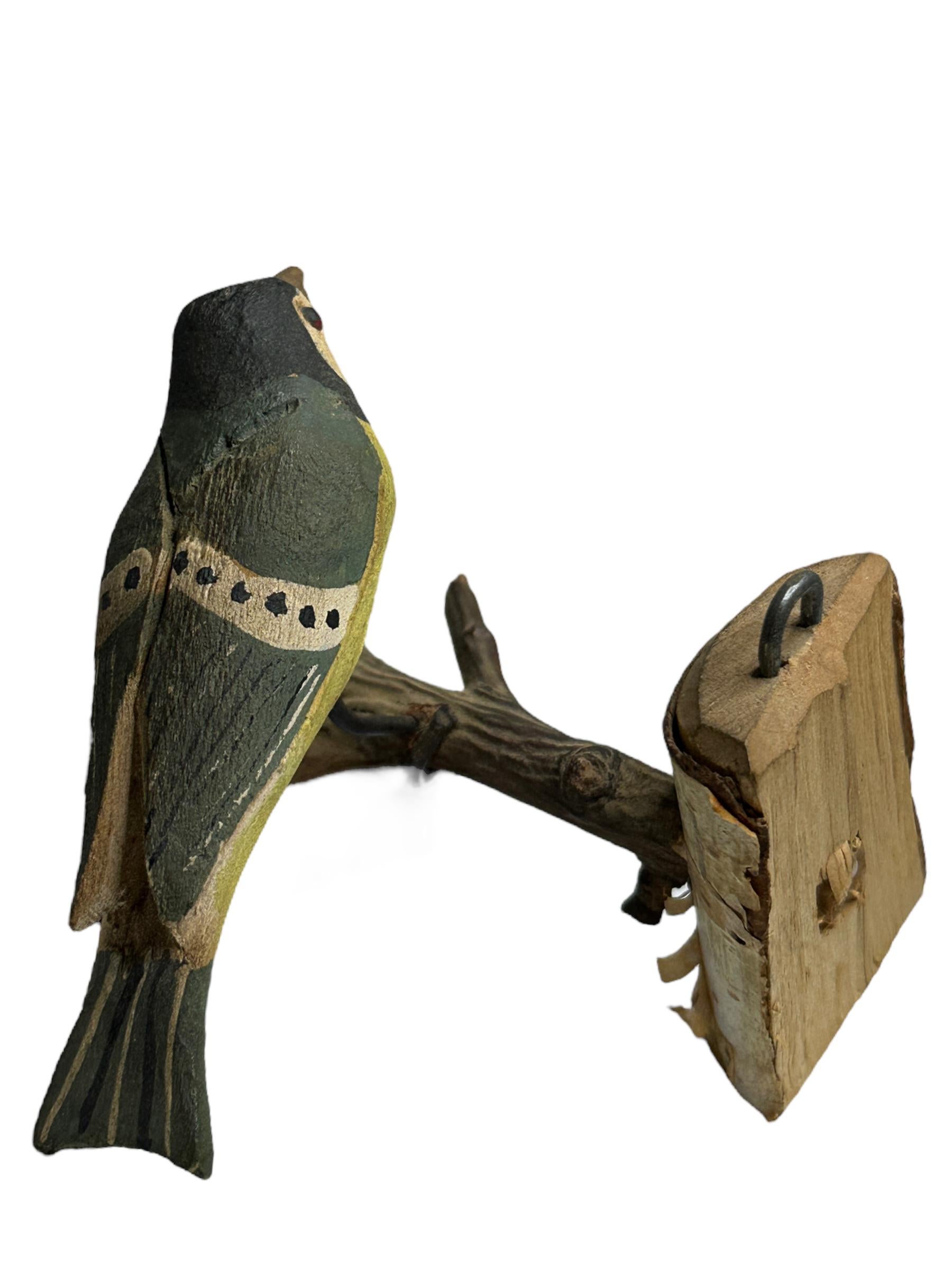 Cute Vichtauer Hand Carved Wood Bird, Black Forest Folk Art, Austria, 1910s 1