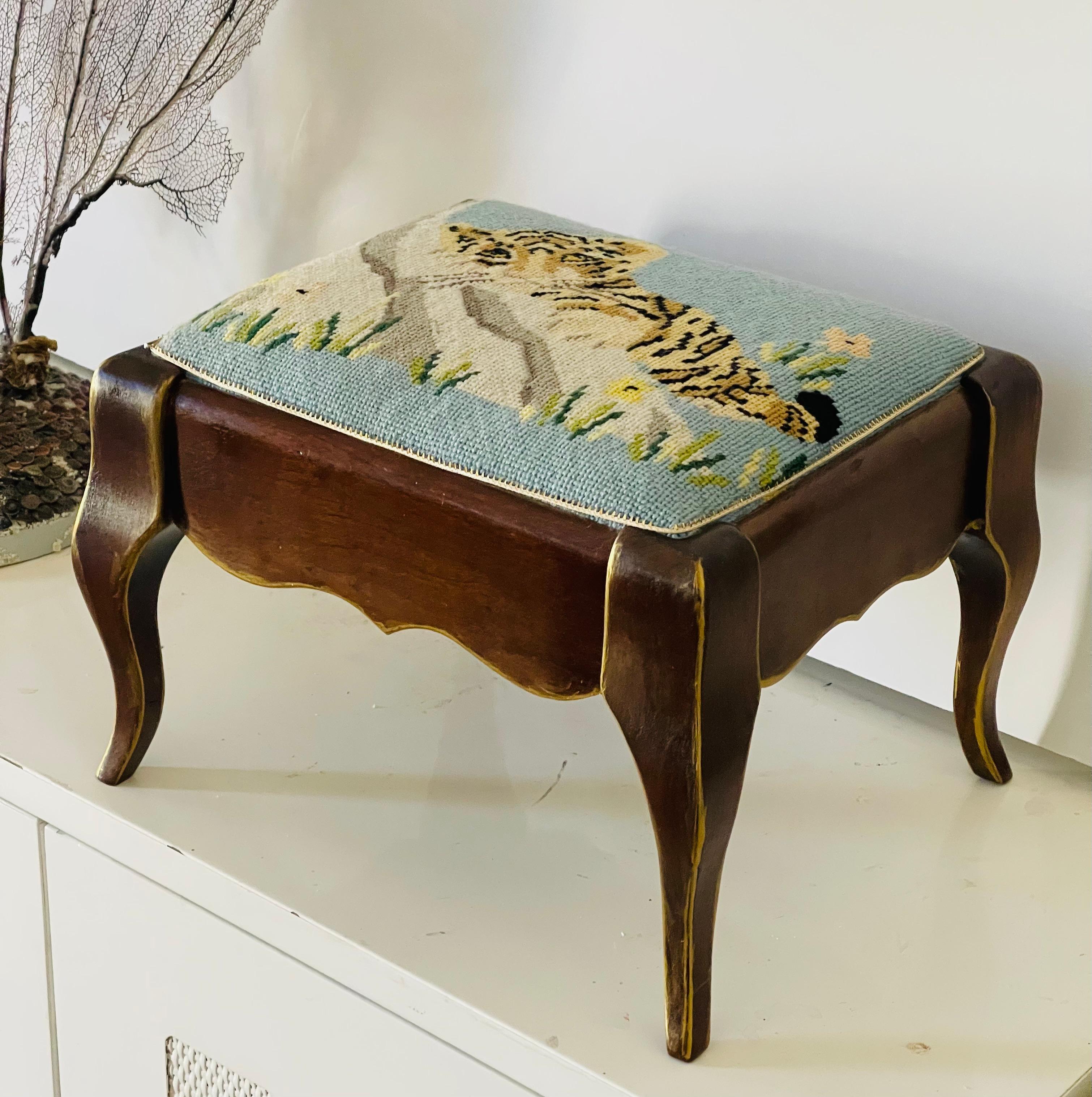 Mid-20th Century Cute Vintage American Needlepoint Footstool For Sale