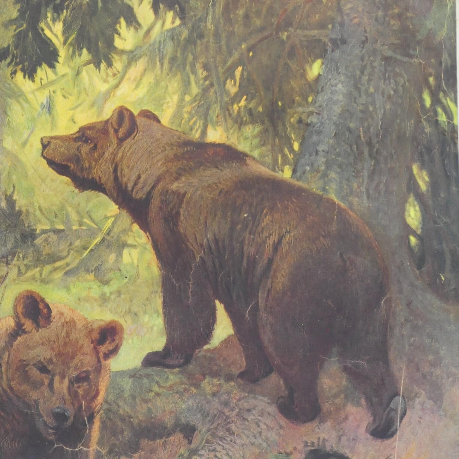 German Countrycore Mural Vintage Cottagecore Printed Wall Chart Family of Brown Bears For Sale