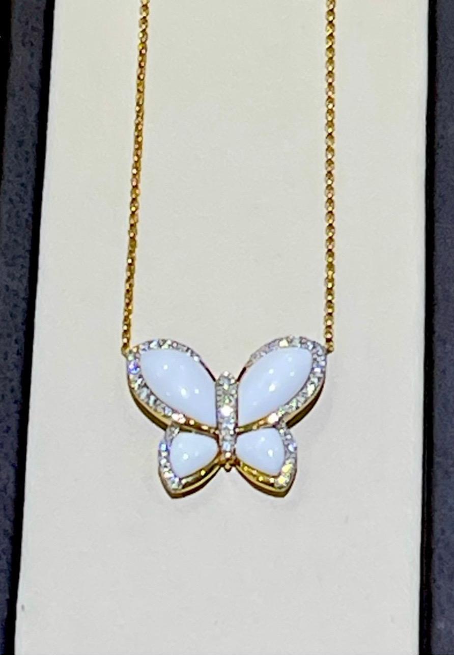 Cute Effy Agate & Diamond necklace in 14k.

- 0.26 ctw in diamonds,

- 2.40 ctw in White Agate

- length is adjustable to 16”, 17” or 18”

- butterfly is approximately 3/4” wide and 5/8” long