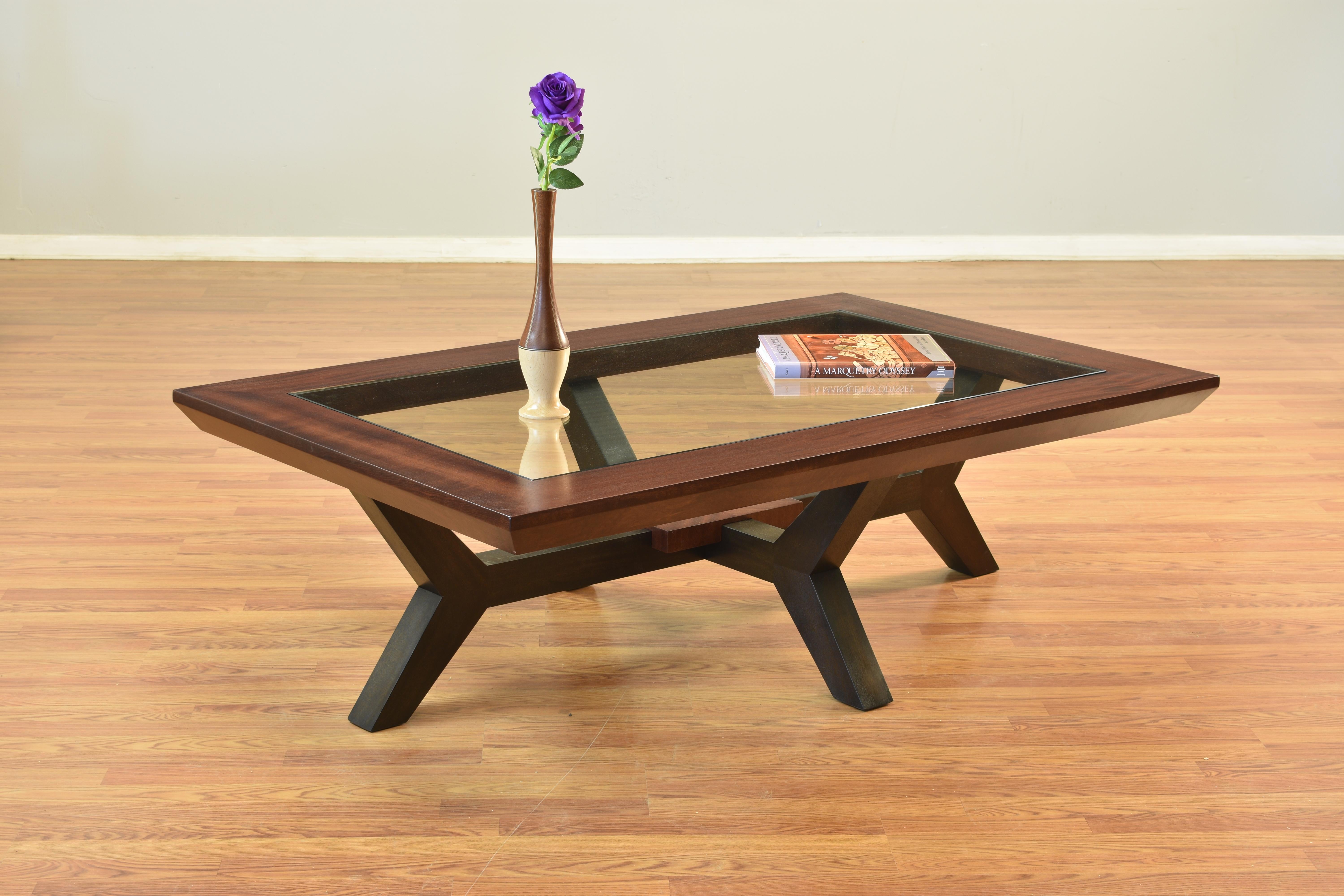 Modern Cutean Cocktail Table, Ribbon Sapeli with Black Legs and Glass, by Lee Weitzman For Sale