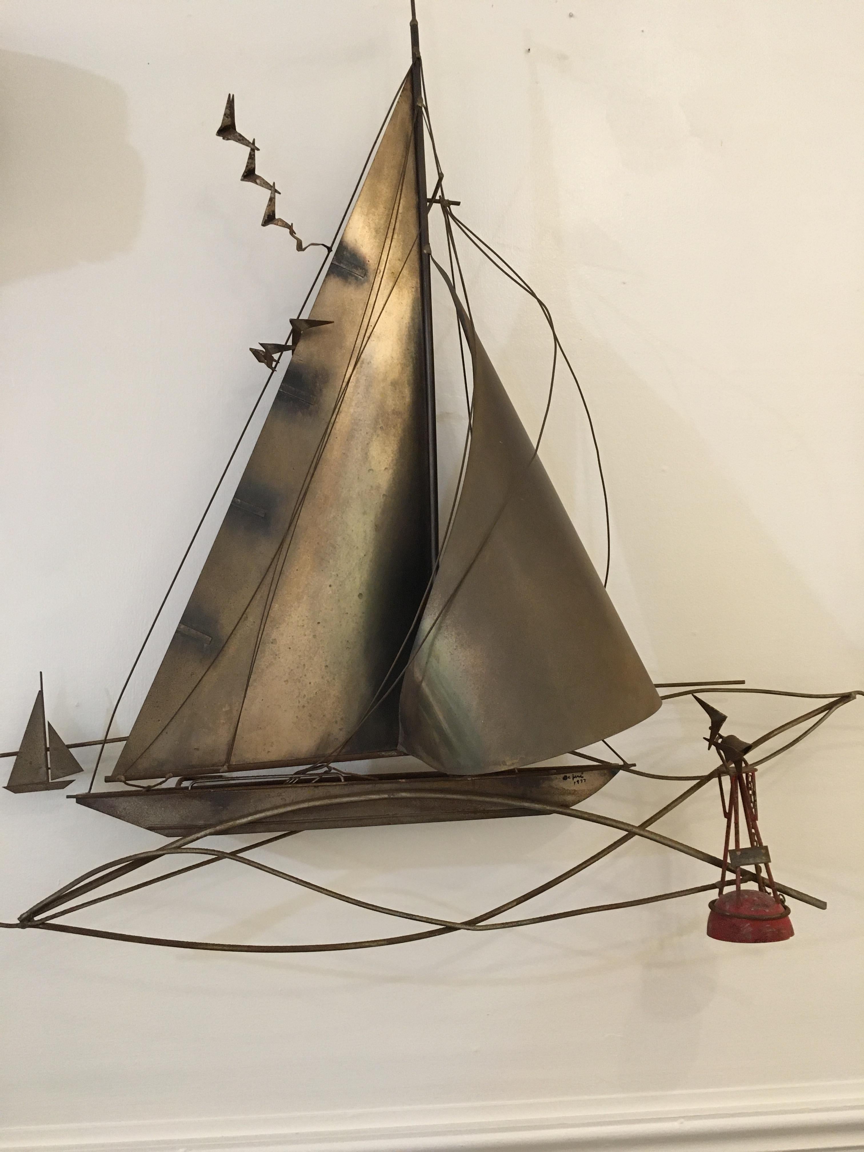 20th Century Cutis Jeré Brutalist Brass Sailboat Sculpture, 1977 For Sale