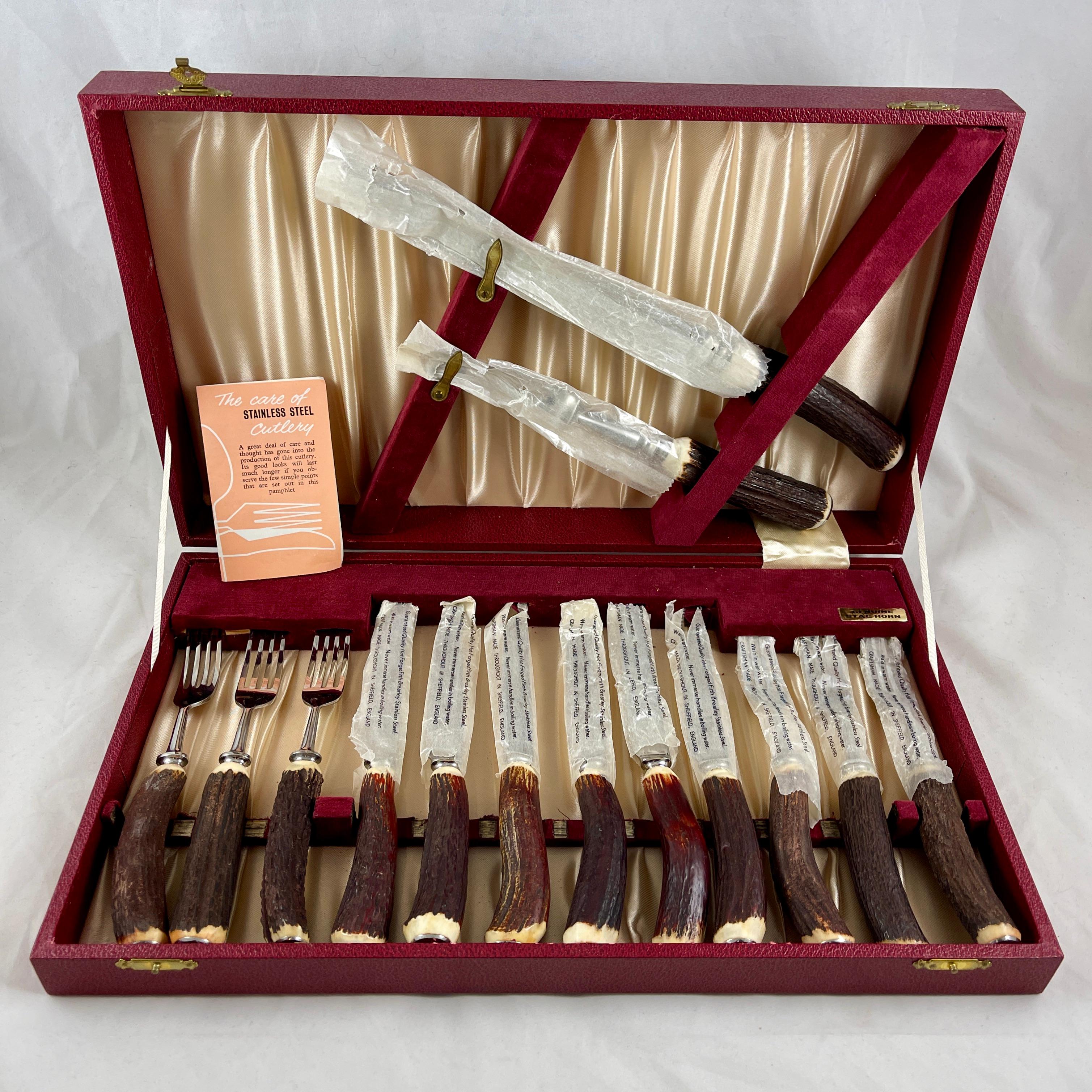 A beautiful, craftsman made fourteen piece Stag Horn handled cutlery service by Cutlass Leppington – Sheffield, England, circa 1930-1950.

The heat-forged stainless steel and stag Horn Cutlery is in the original red fitted and lined presentation