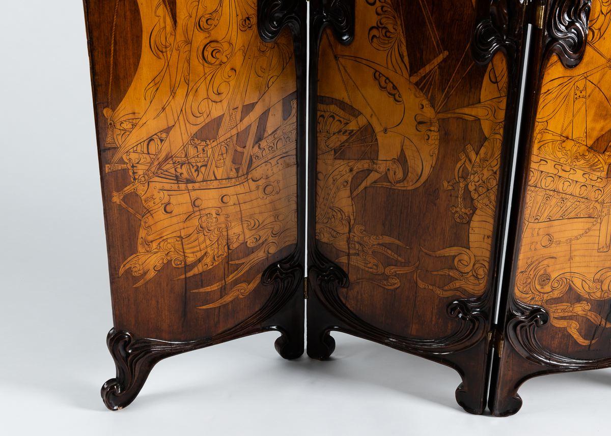 20th Century Cutler & Girard, Sailing Ships, Inlaid Three-panel screen, Italy, 1902 For Sale