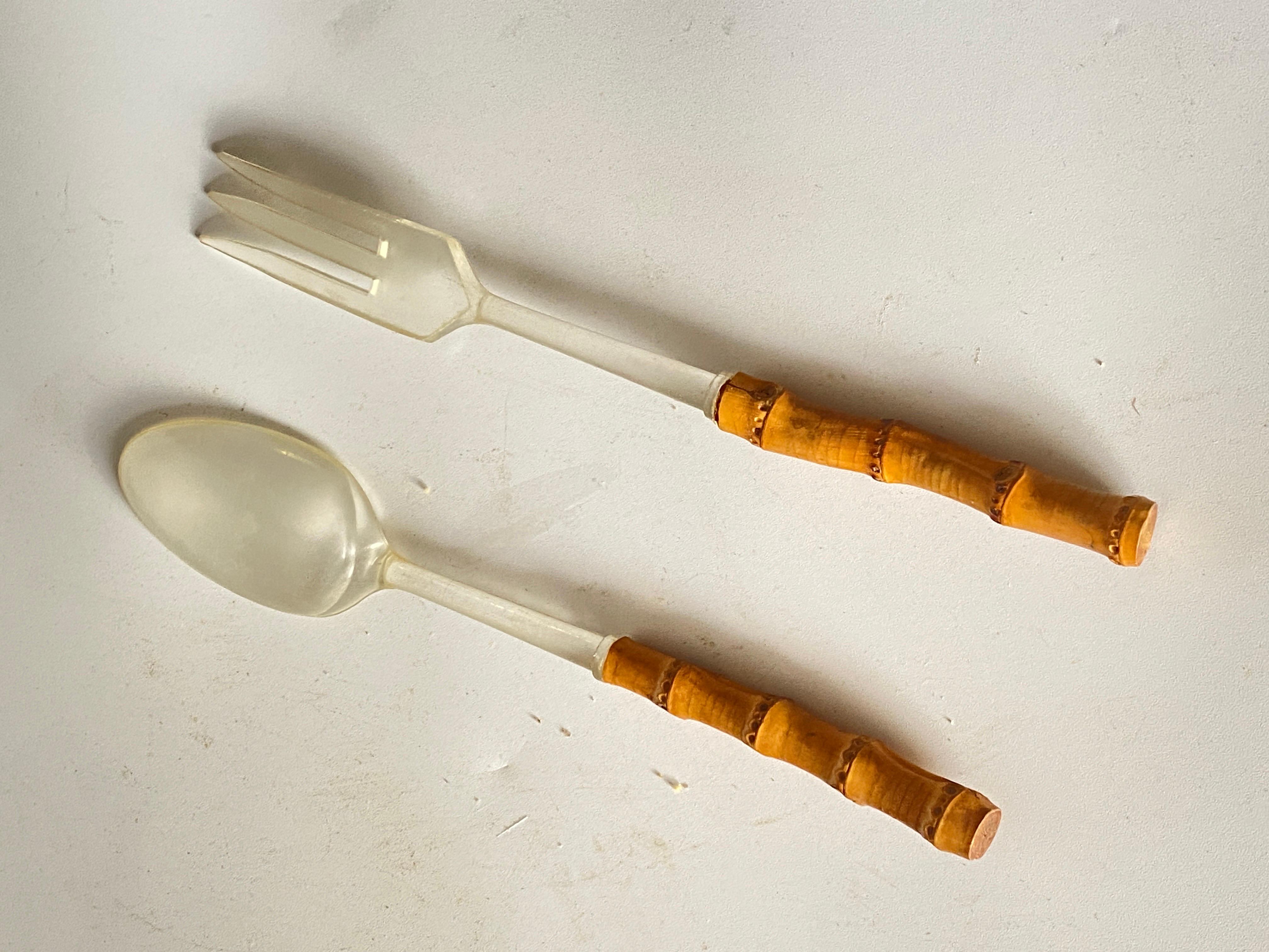 Late 20th Century Cutlery France 1970, Fork and Knife 2 Pieces for Salad Service in Faux Bamboo For Sale
