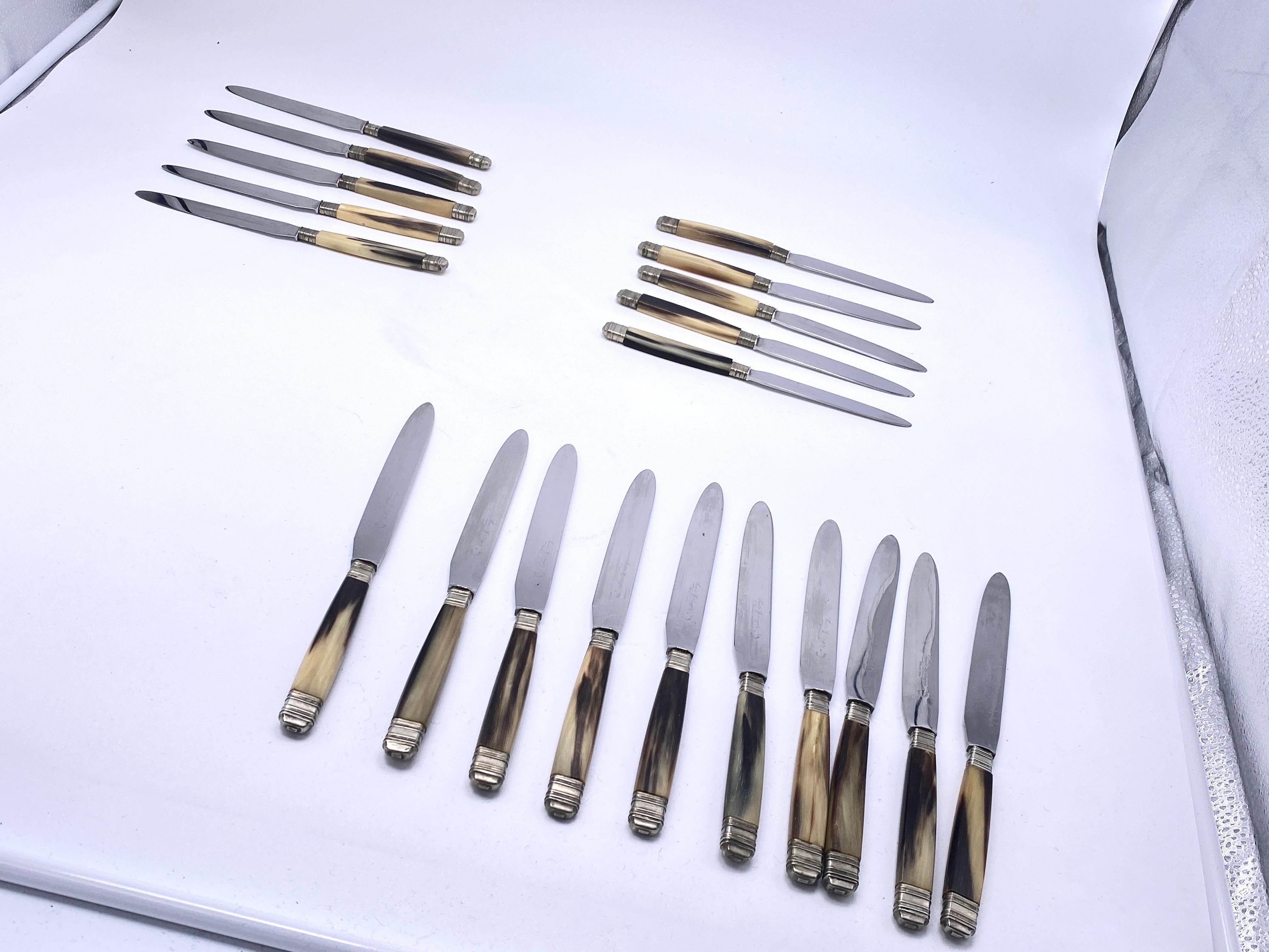 Cutlery set of 20 Dinner knifes, in horn and Metal. France circa 1970.