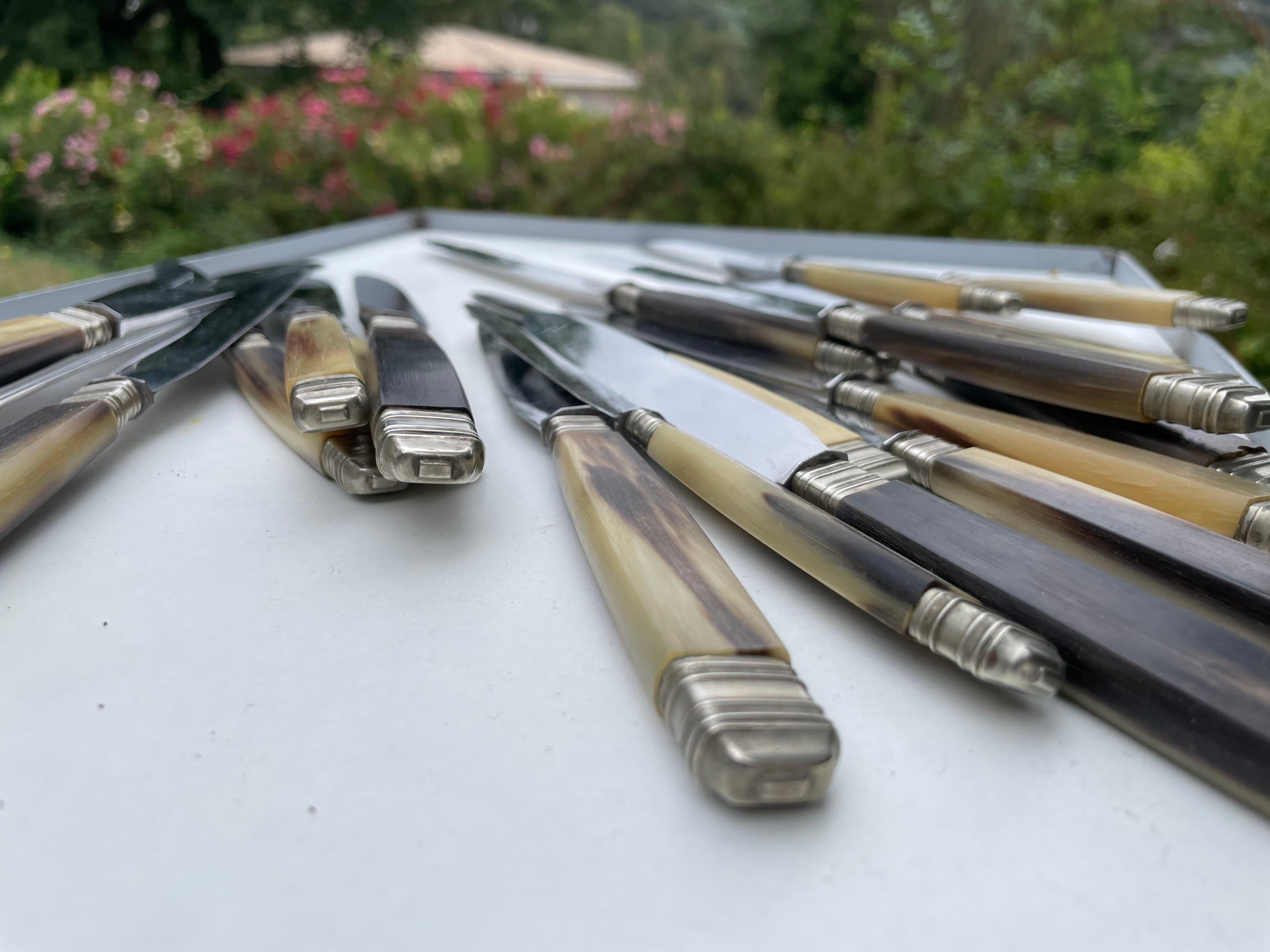 French Cutlery, Horn and Metal Knifes, by Louis Spring, France, 1970 For Sale