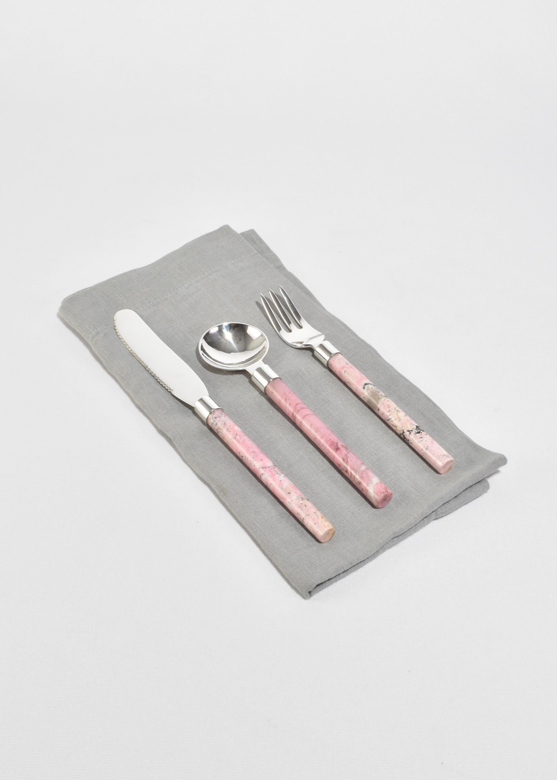 Hand-Crafted Cutlery Set in Pink Rhodonite For Sale