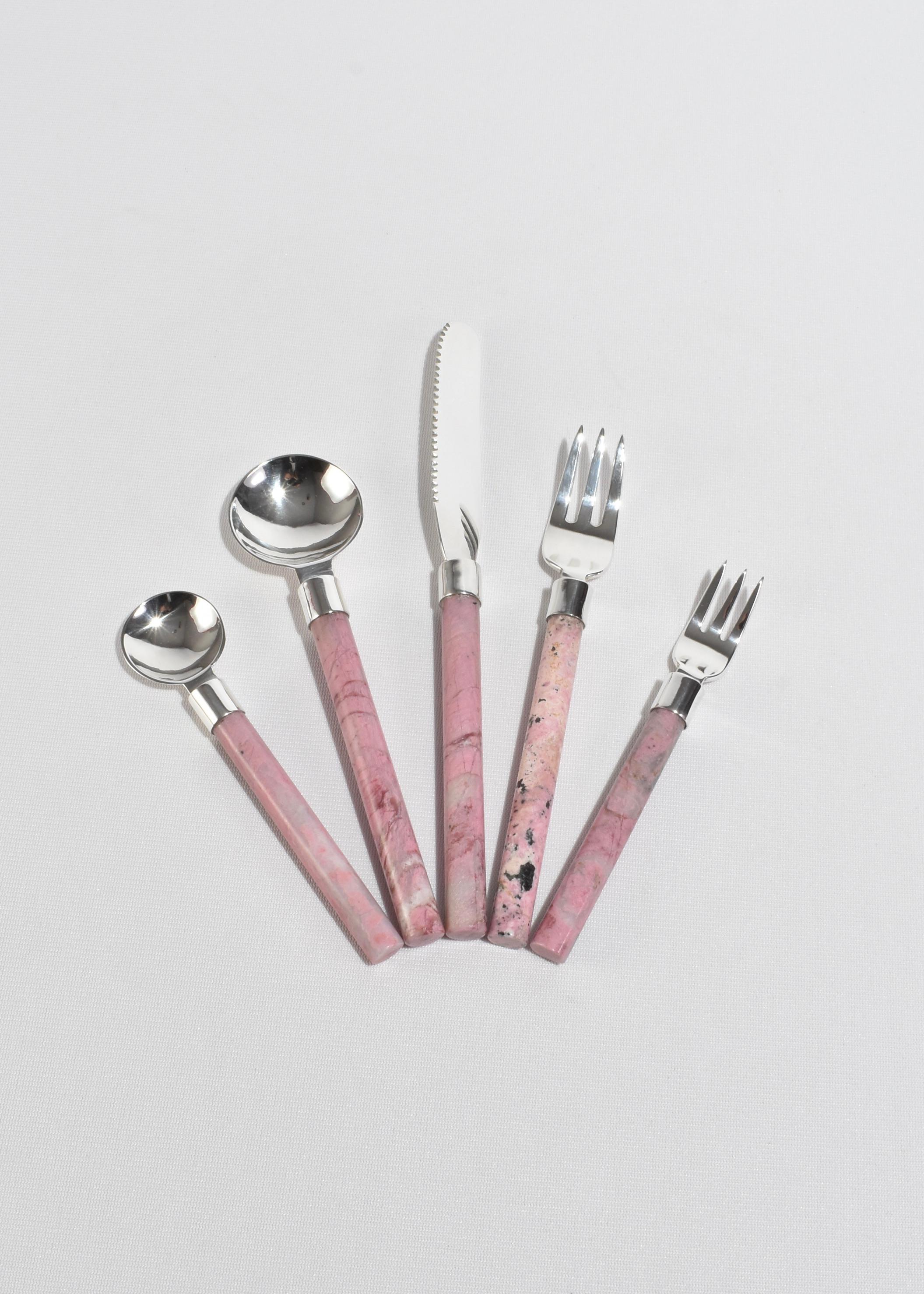 Silver Plate Cutlery Set in Pink Rhodonite For Sale