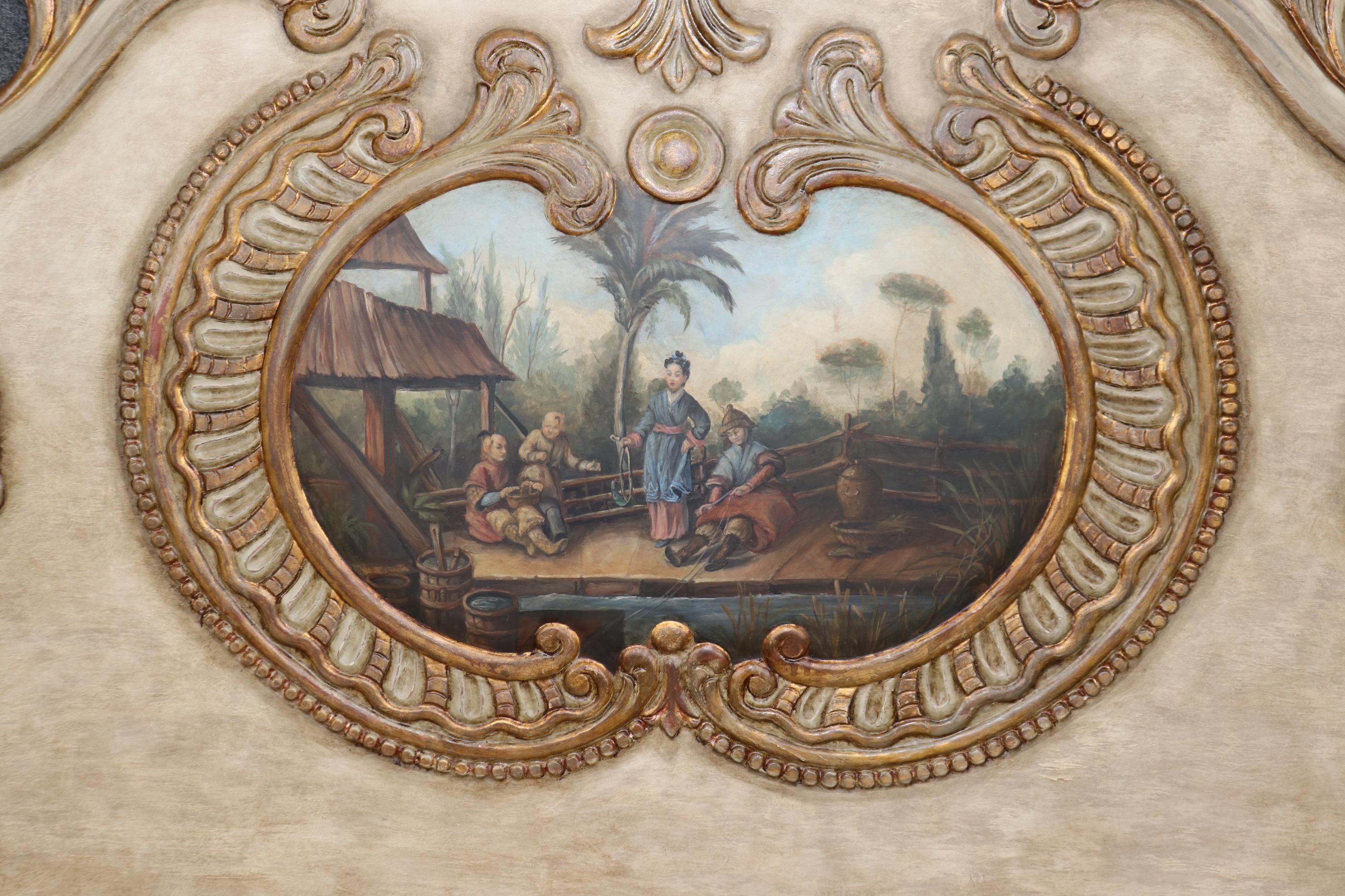 This is a gorgeous custom-painted and custom-painted Chinoiserie style Italian Rococo style king size headboard. The headboard was designed to be mounted t o the wall. The hand-painted Chinoiserie scenery is in good condition and beautifully done.