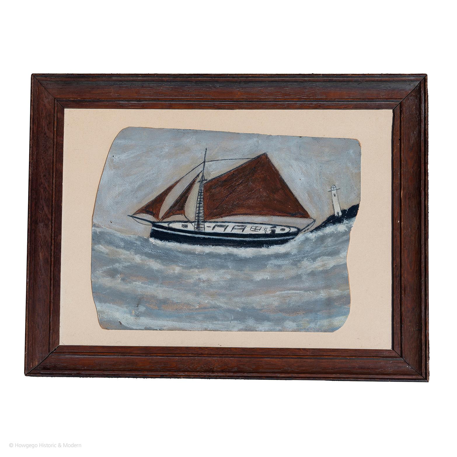 Cutter in full sail with one man visible on board riding a wave past a lighthouse
Oil on cardboard
Characterful naive picture in the spirit of Alfred Wallis

Board length 28cm, 11