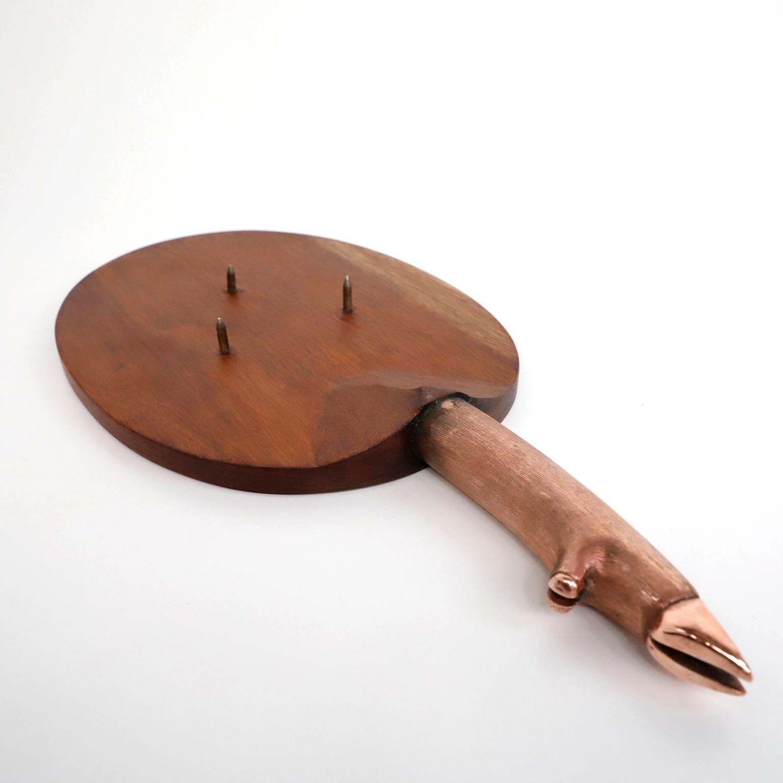 Mexican Cutting and Presenting Board Made of Wood and Copper Handle in Pig's Foot Form For Sale