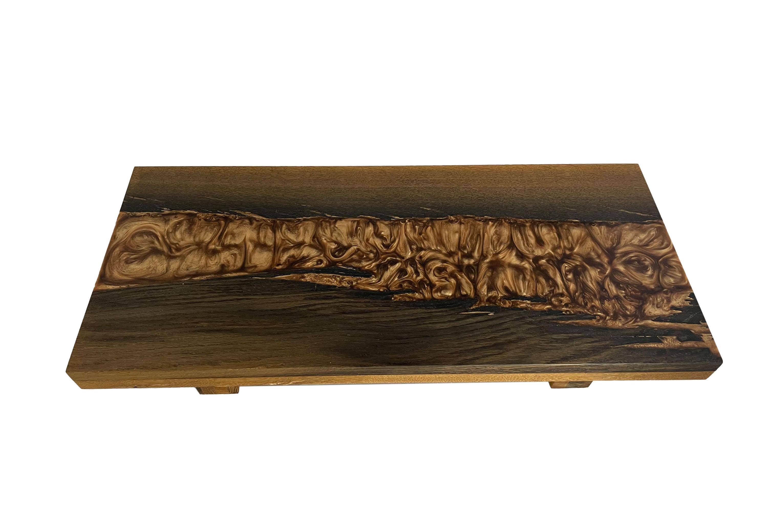 Carved Cutting board made of bog oak refined with copper-colored expocide resin For Sale