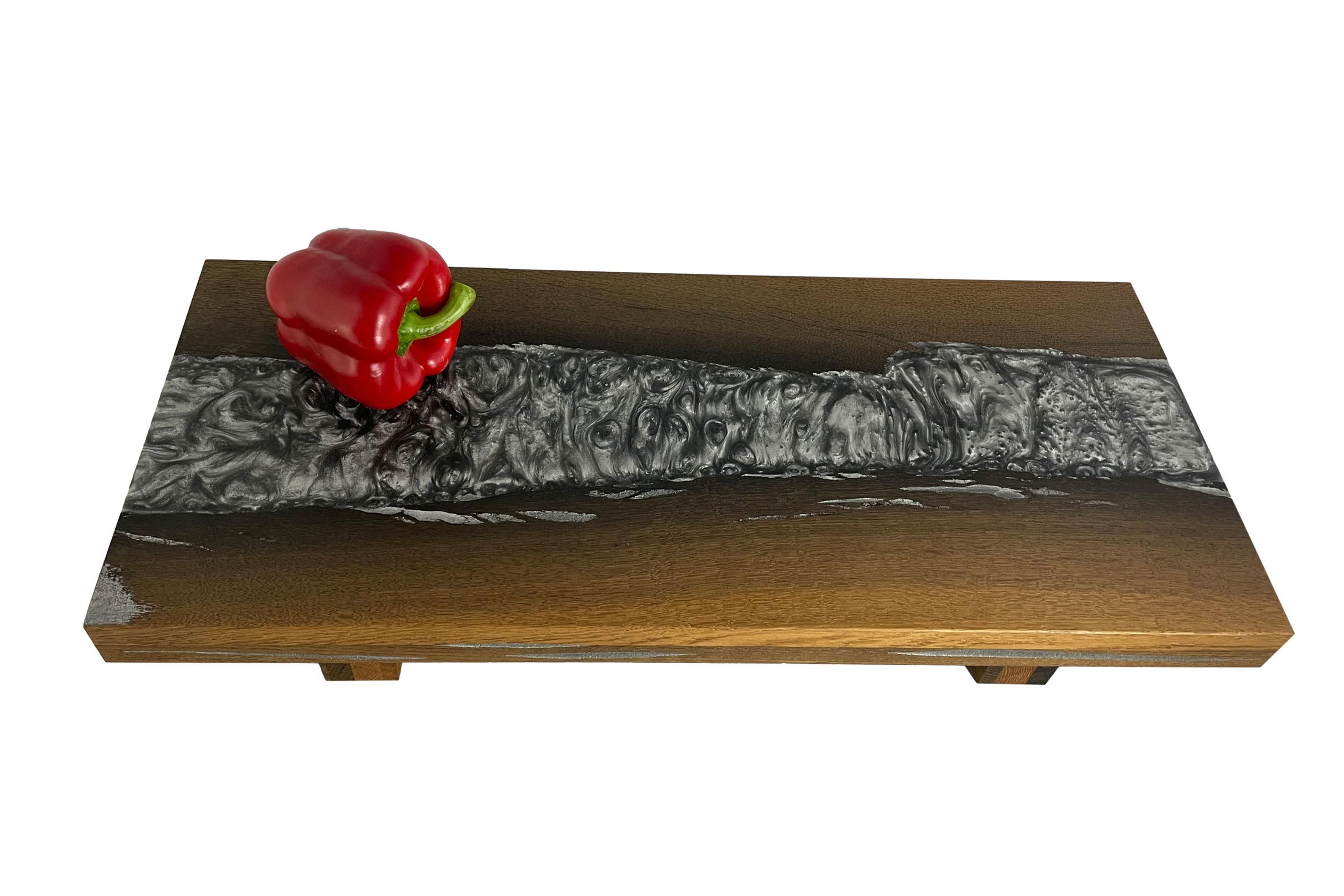 German  Cutting board made of bog oak refined with silver expocide resin For Sale