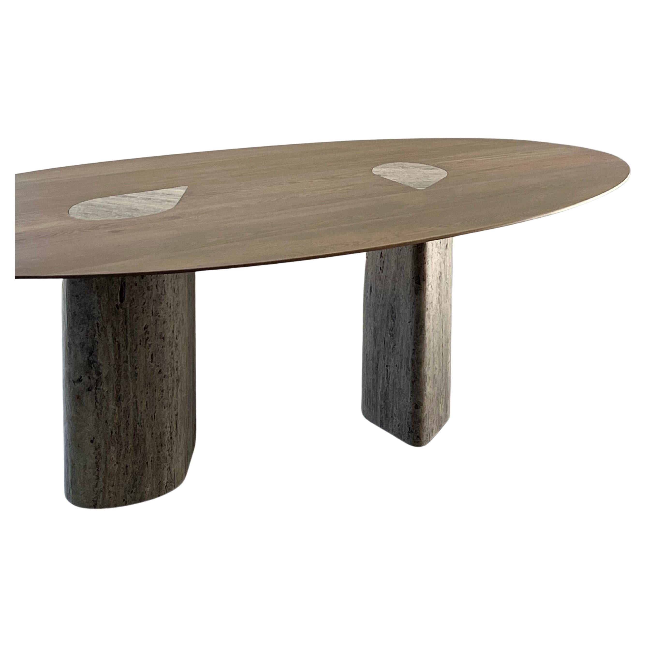 Cutting Corners Sculptural Dining Table in Oak & Travertine by on.entropy
