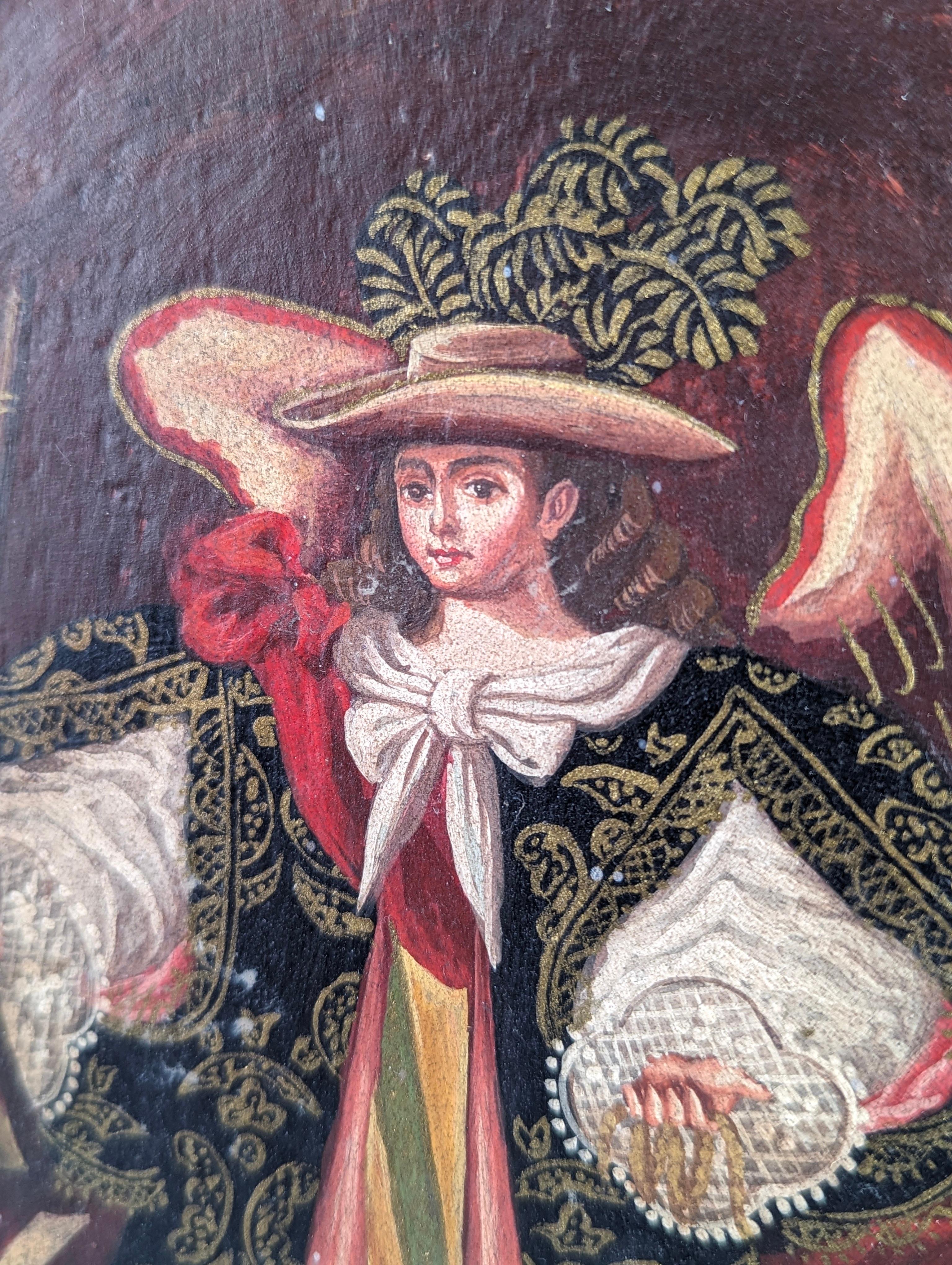 Spagnolo Pala d'altare a olio di Cuzco raffigurante un Arcangelo Arquebusier in vendita