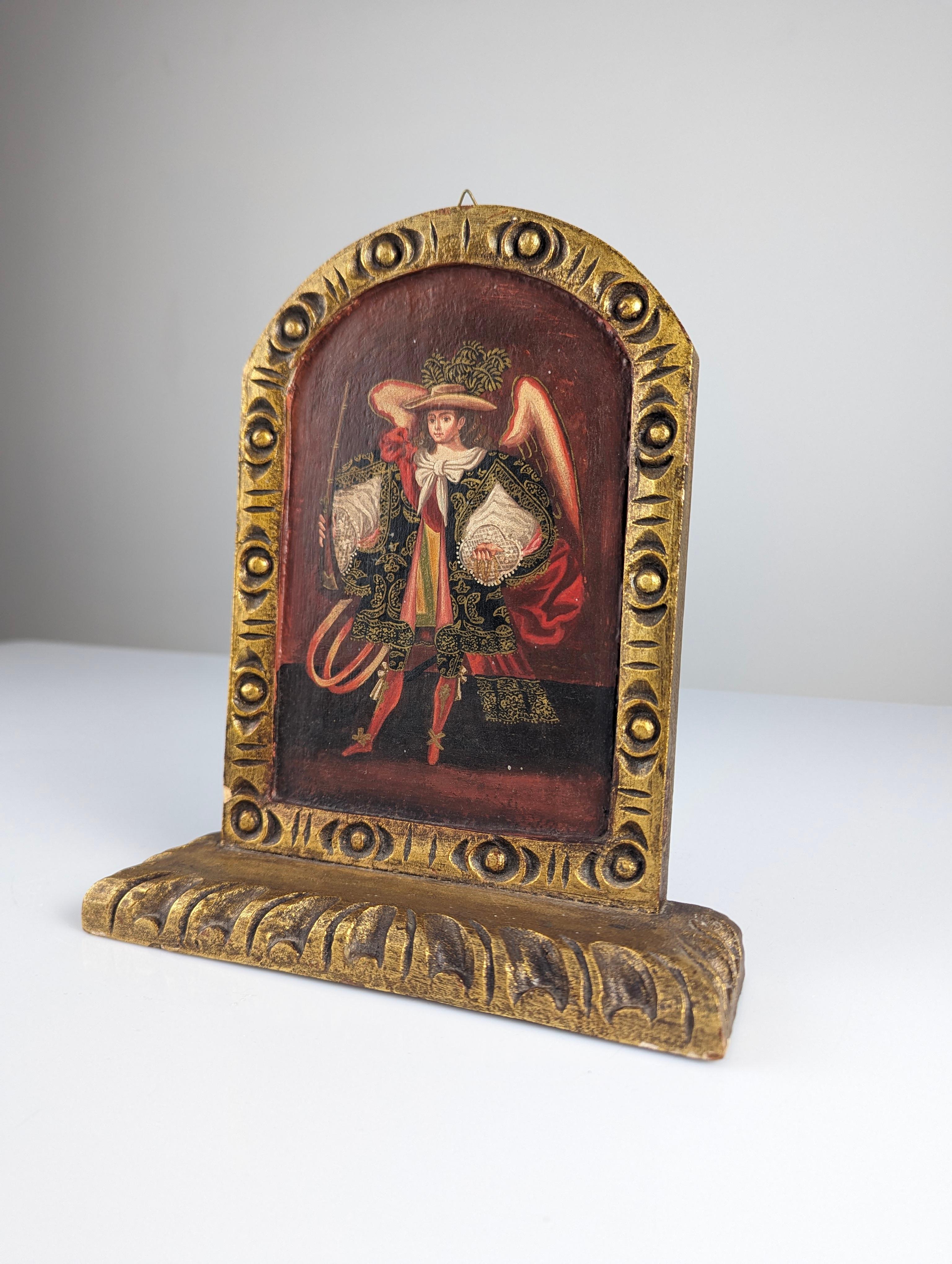 XX secolo Pala d'altare a olio di Cuzco raffigurante un Arcangelo Arquebusier in vendita