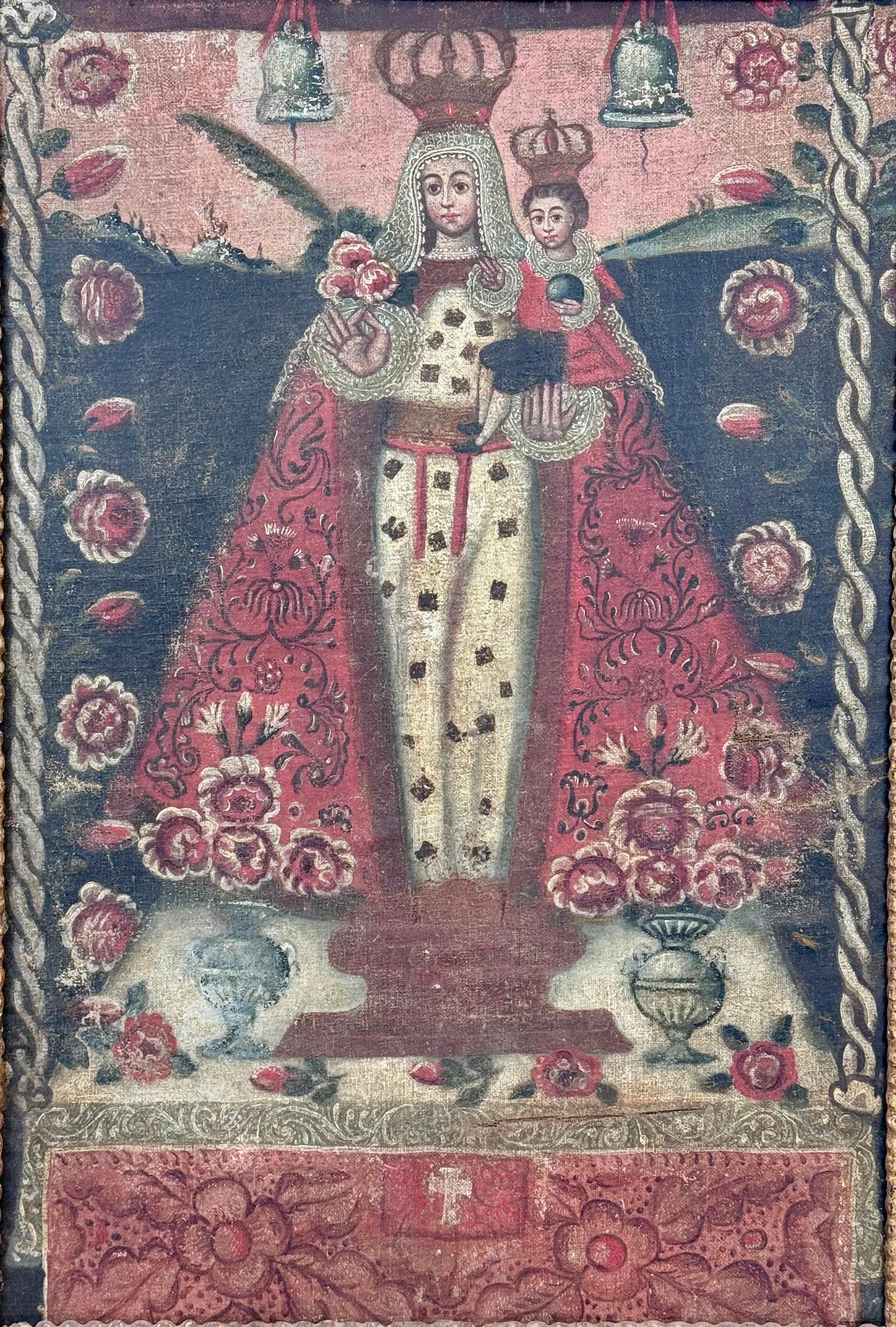 Óleo sobre lienzo de la Escuela Cusqueña Virgen con el Niño Siglo XVIII en venta 4
