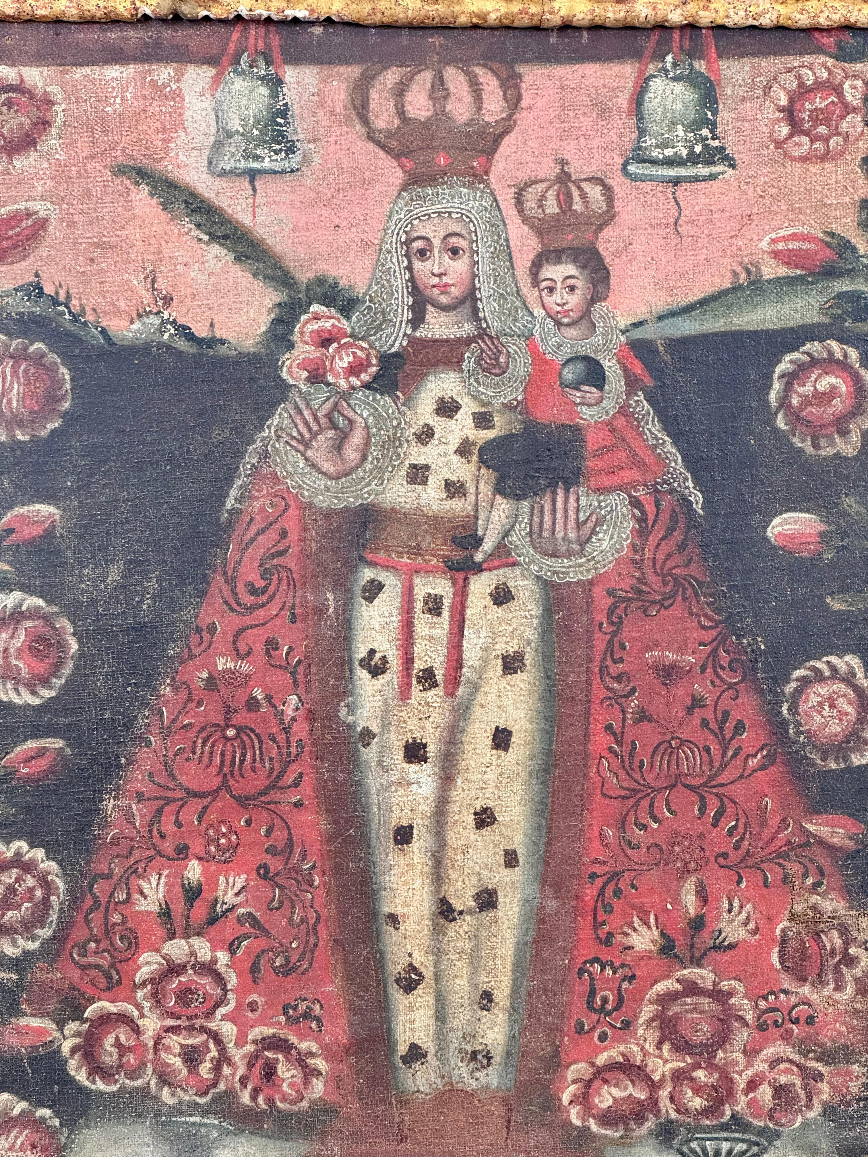 Óleo sobre lienzo de la Escuela Cusqueña Virgen con el Niño Siglo XVIII Pintado a mano en venta