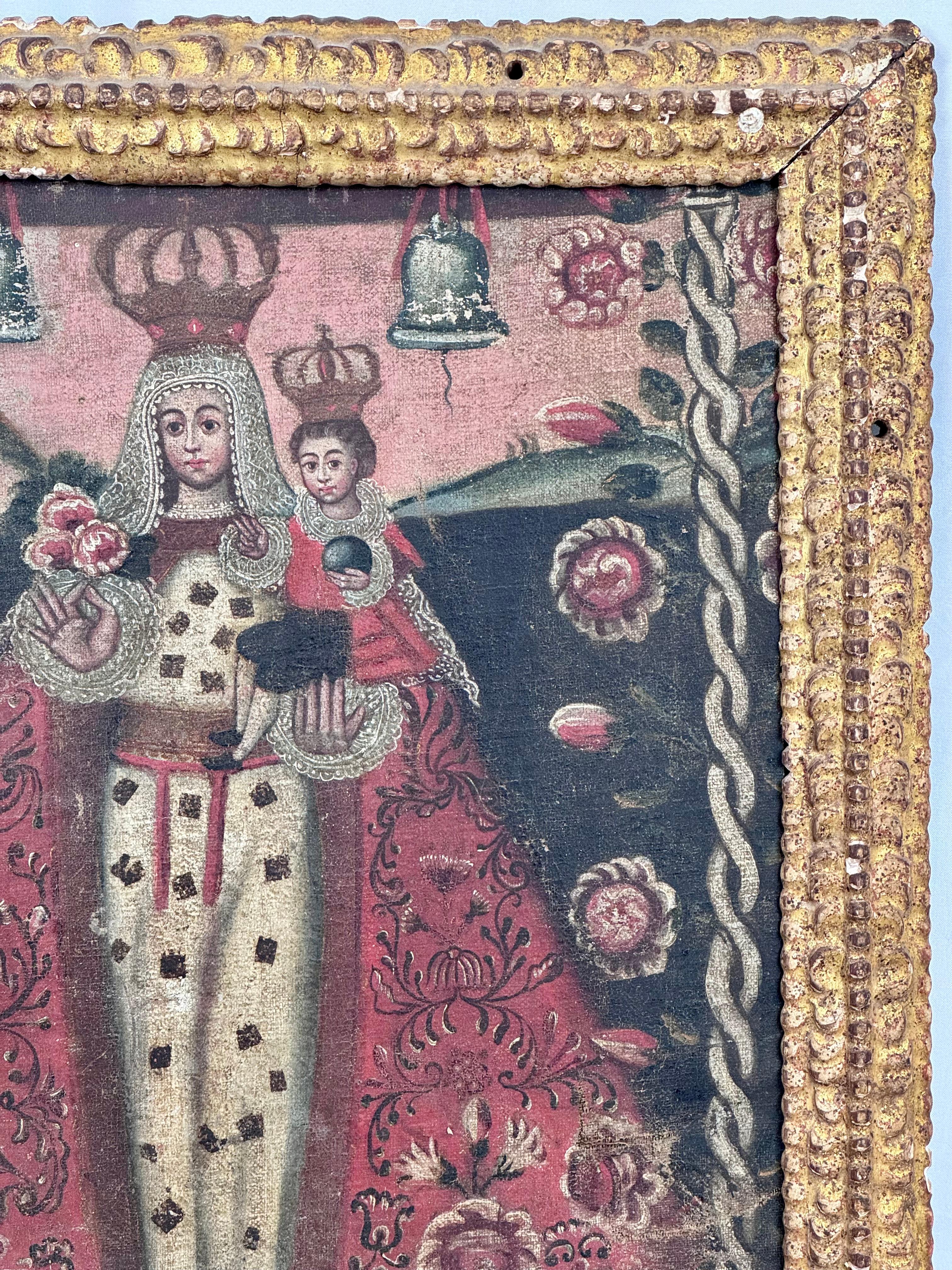Óleo sobre lienzo de la Escuela Cusqueña Virgen con el Niño Siglo XVIII en Bastante bueno estado para la venta en Bradenton, FL