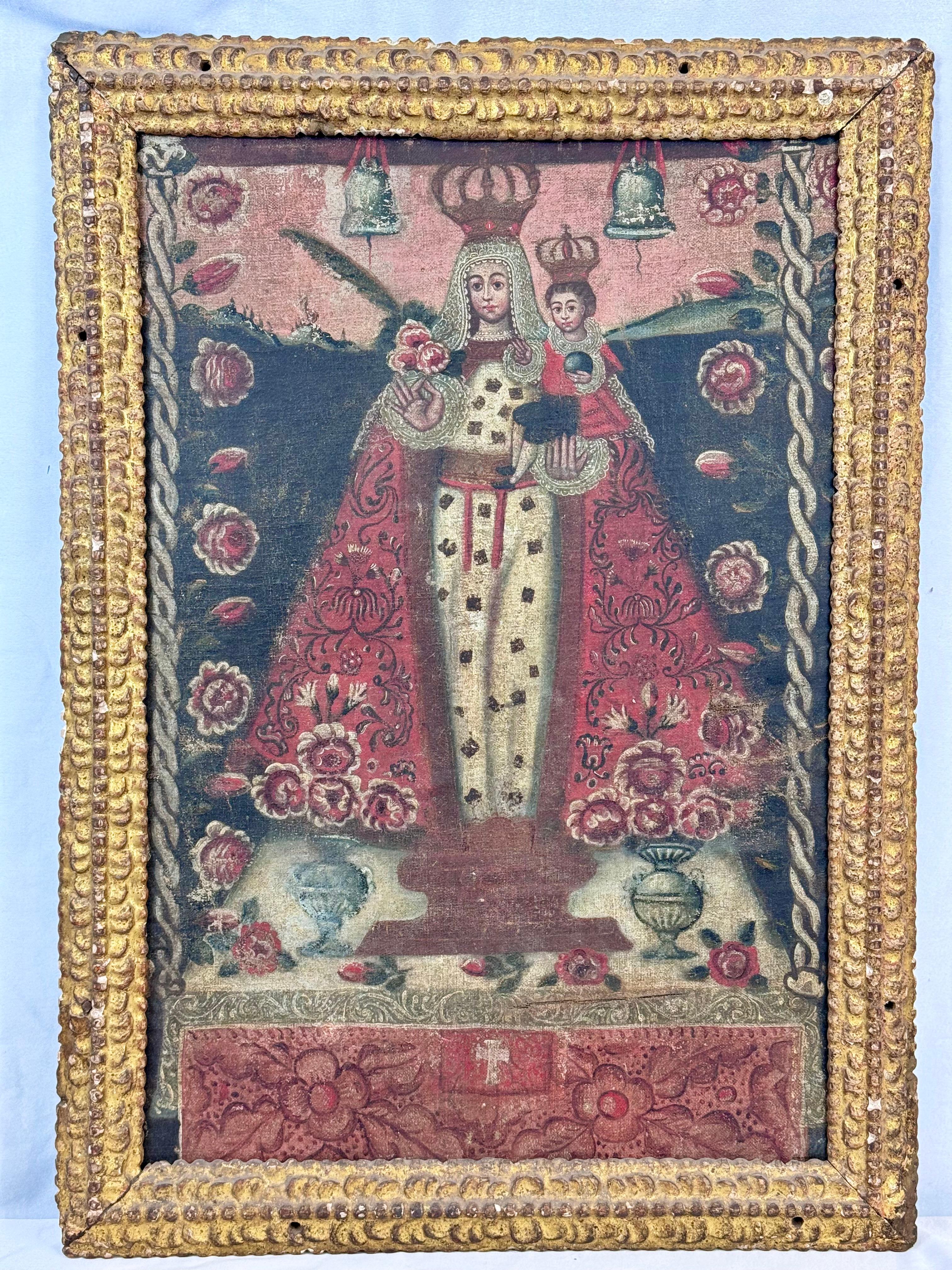 Óleo sobre lienzo de la Escuela Cusqueña Virgen con el Niño Siglo XVIII en venta 2