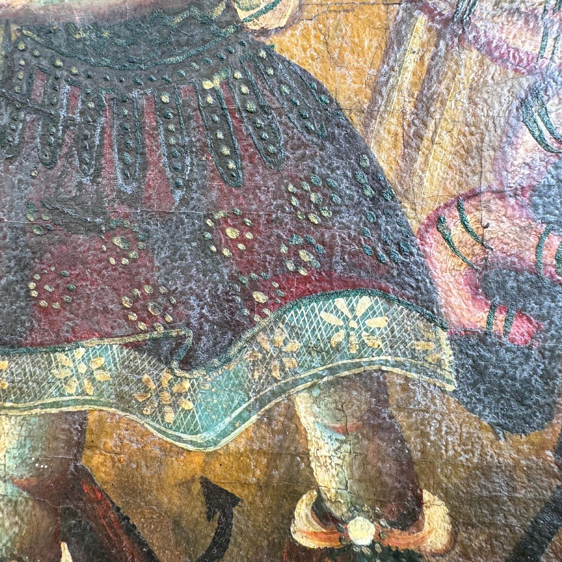 Óleo sobre lienzo de la Escuela Cusqueña del Arcángel Miguel derrotando a Satanás Siglo XVIII en venta 2