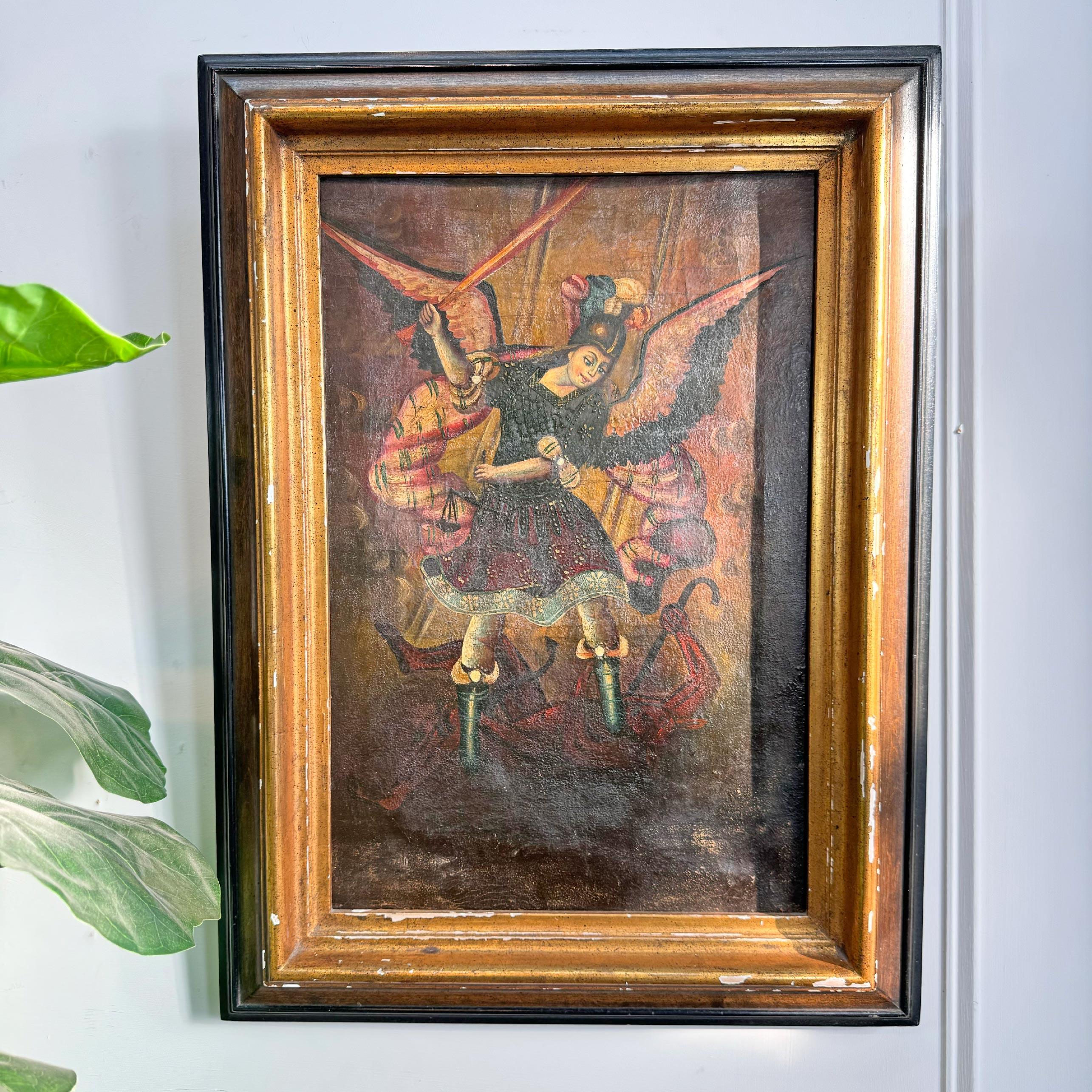 Óleo sobre lienzo de la Escuela Cusqueña del Arcángel Miguel derrotando a Satanás Siglo XVIII en venta 5