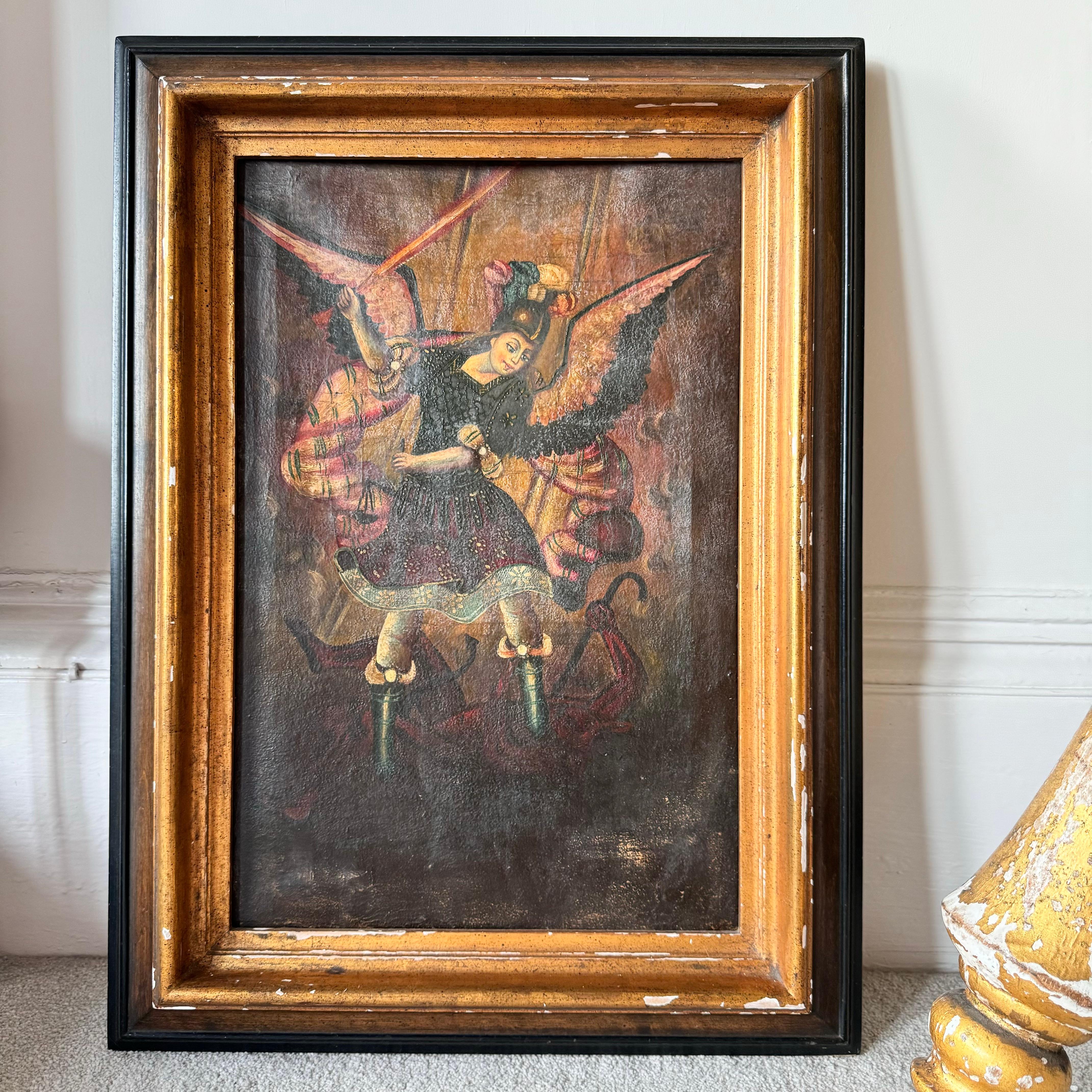 Óleo sobre lienzo de la escuela cuzqueña peruana del Arcángel Miguel venciendo a Satanás Siglo XVIII.

Marco posterior.

 
Desgaste acorde con la edad.



La escuela cuzqueña o cusqueña fue una tradición artística católica romana que comenzó en el