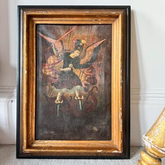 Cuzco School Oil on Canvas of Archangel Michael defeating Satan 18th Century