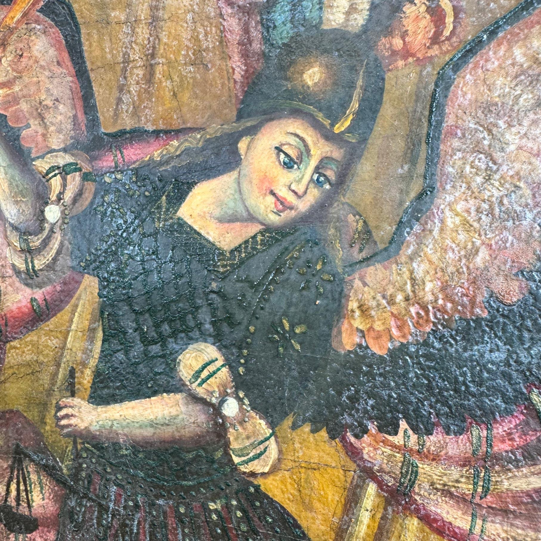 Óleo sobre lienzo de la Escuela Cusqueña del Arcángel Miguel derrotando a Satanás Siglo XVIII Barroco en venta