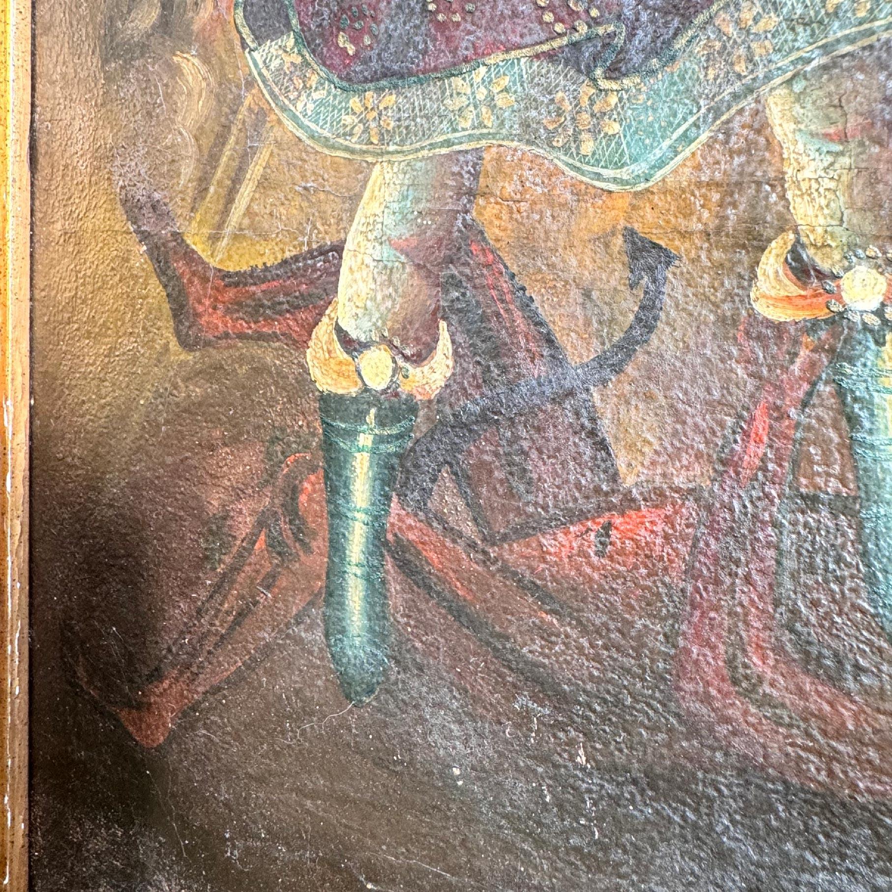 Óleo sobre lienzo de la Escuela Cusqueña del Arcángel Miguel derrotando a Satanás Siglo XVIII en Bueno estado para la venta en Hastings, GB