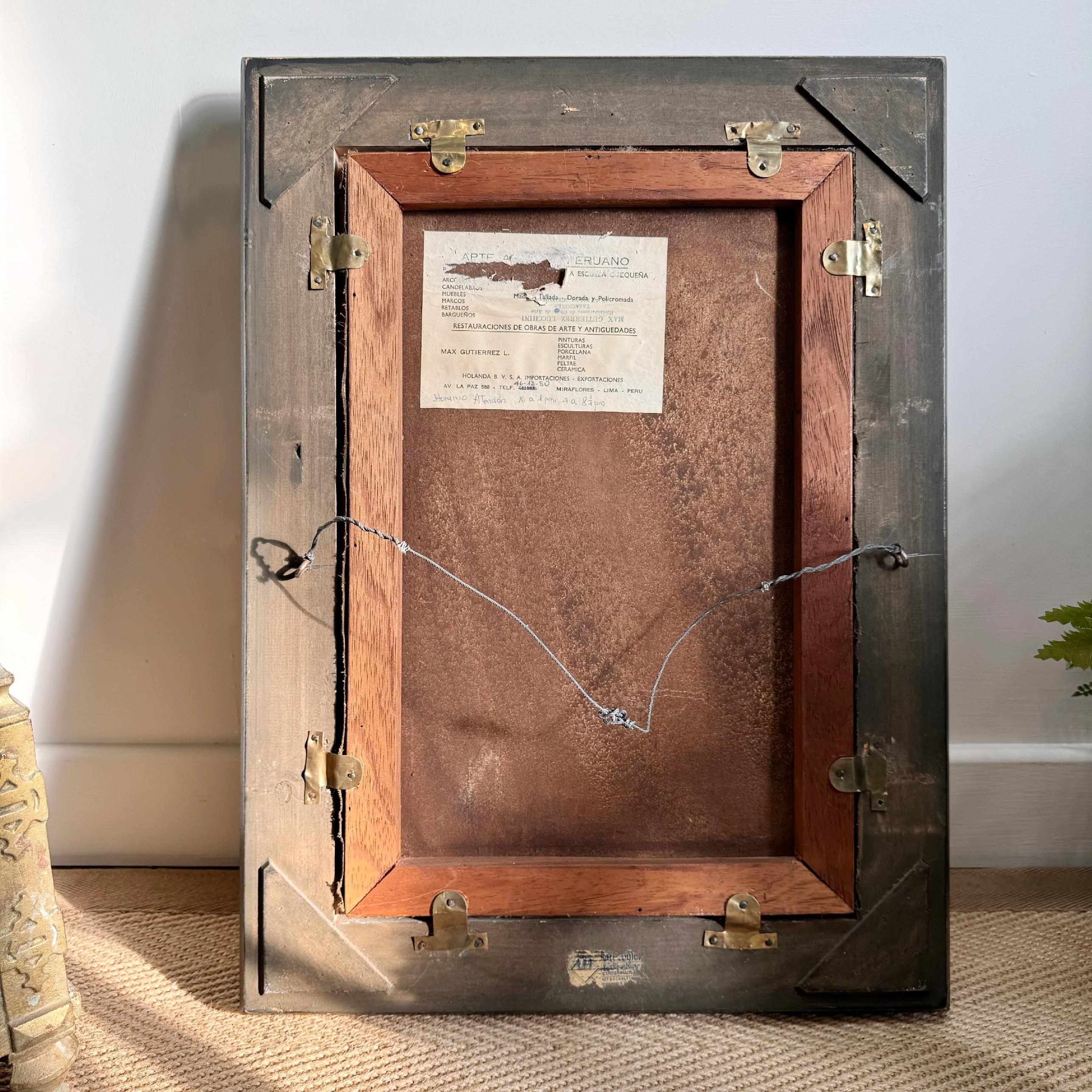 Óleo sobre lienzo de la Escuela Cusqueña del Arcángel Miguel derrotando a Satanás Siglo XVIII en venta 1