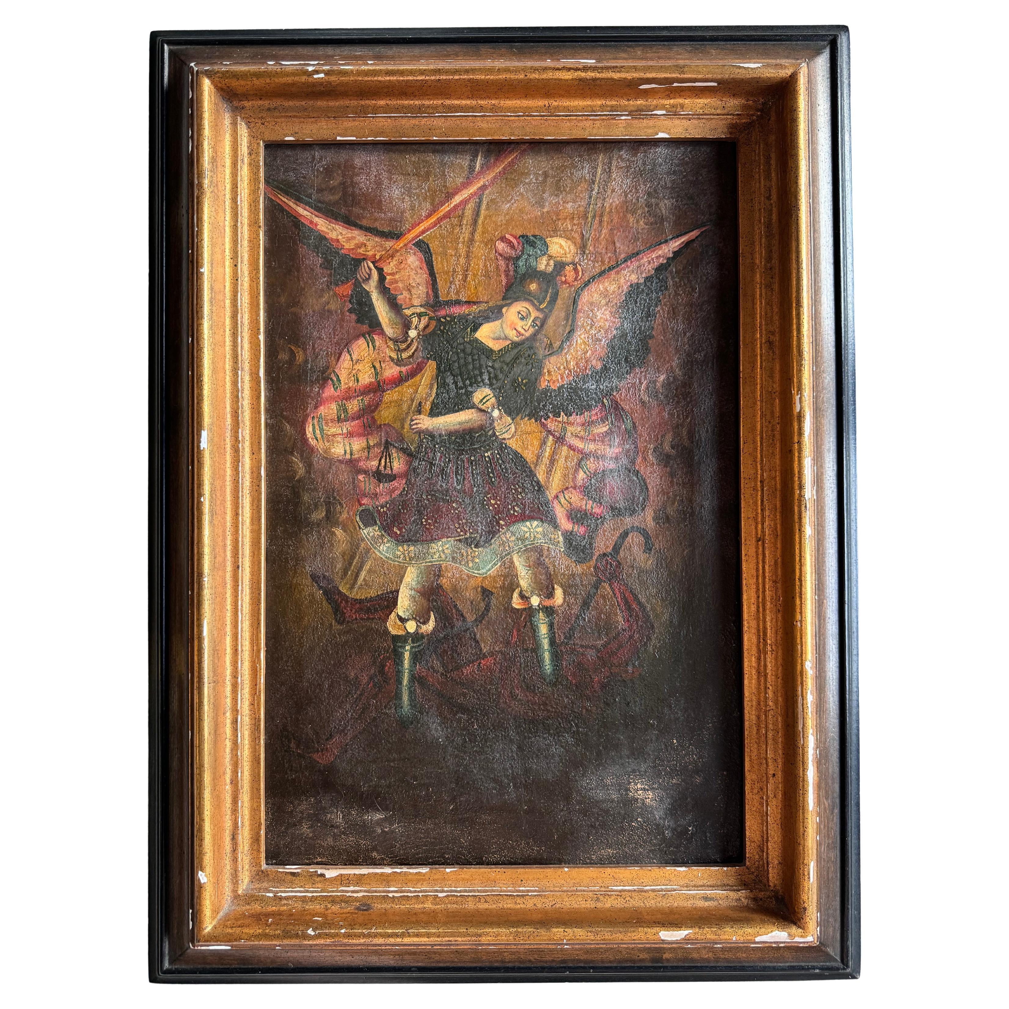 Olio su tela della Scuola di Cuzco raffigurante l
Arcangelo Michele che sconfigge Satana 18° secolo