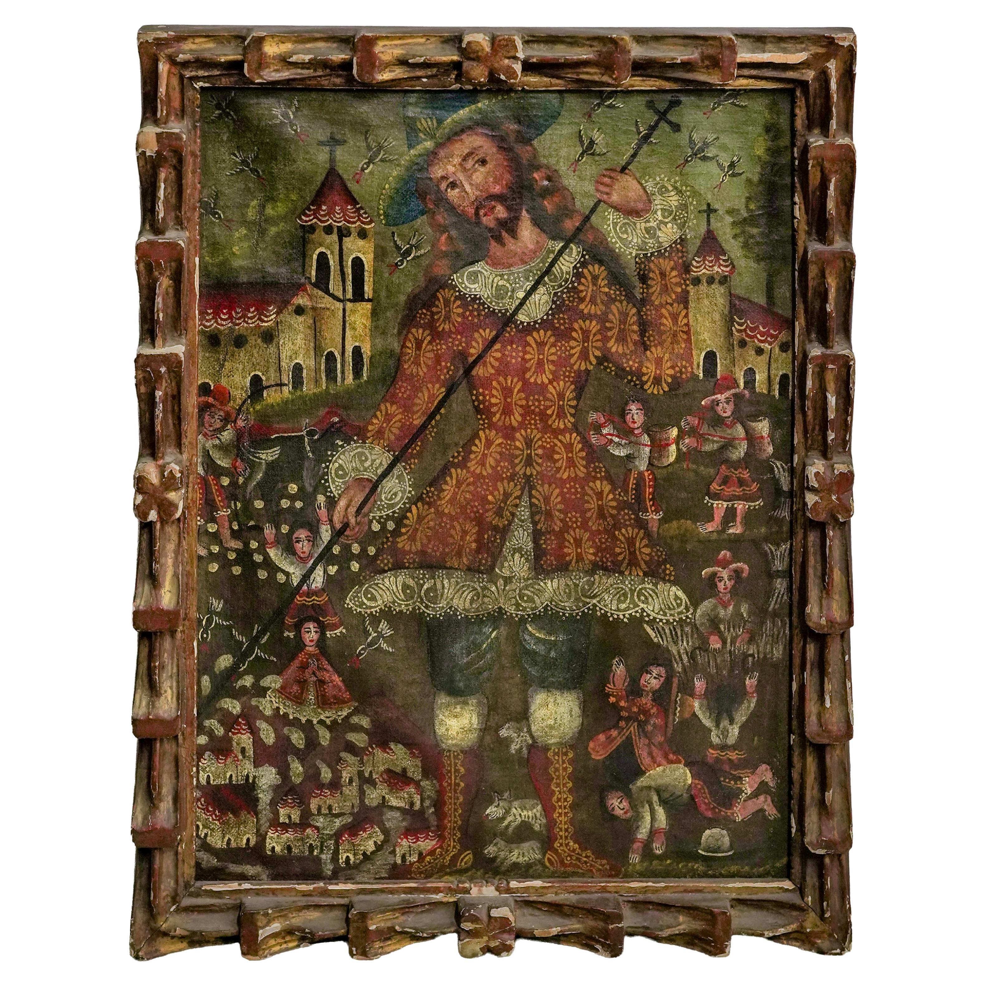 Cuzco School Oil on Canvas Painting of San Isidoro, Antique, Framed