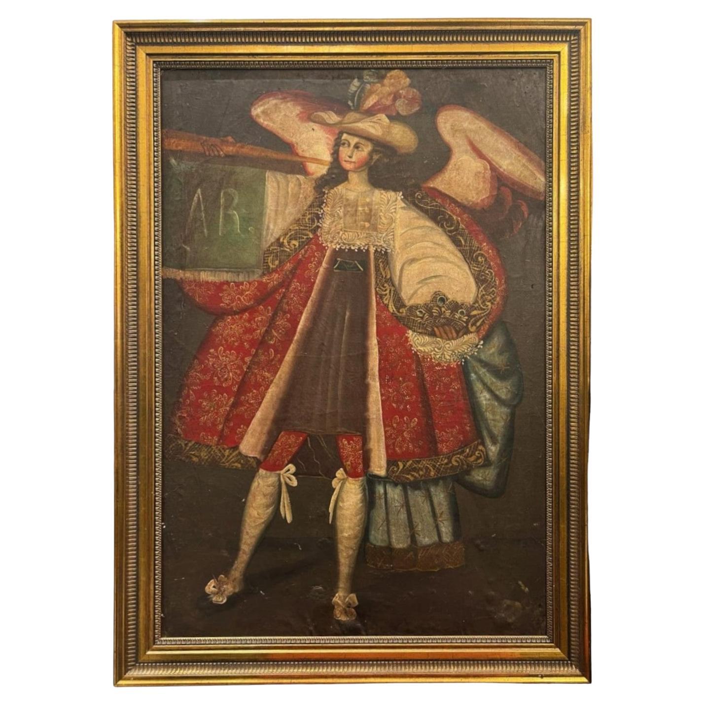 Cuzco School Oil Painting of Archangel Michael, 19th Century For Sale