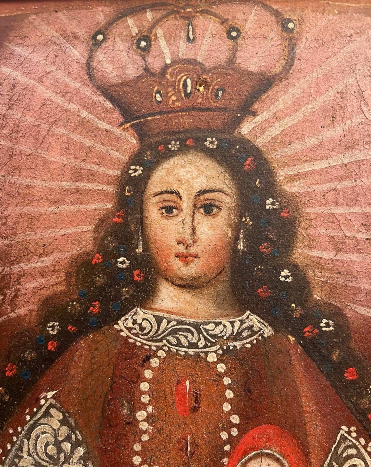 Cuzco-Schule, Ölgemälde der Jungfrau Maria und des Baby Jesus (Spanisch Kolonial) im Angebot