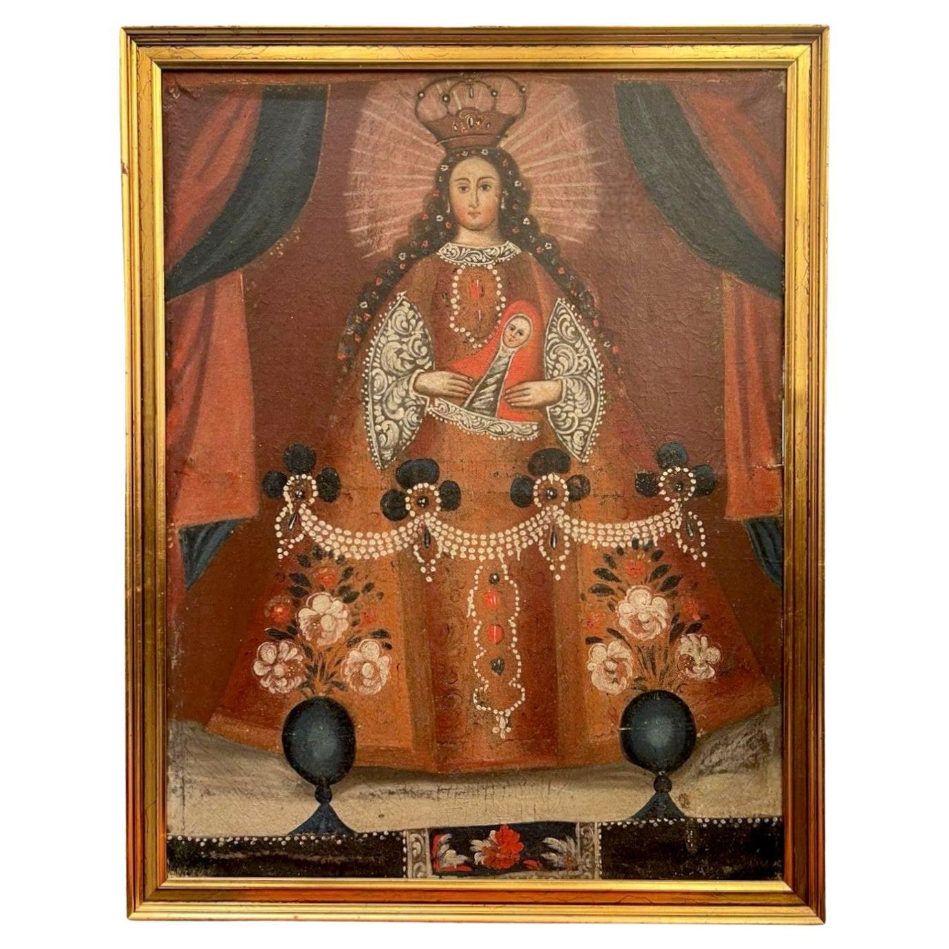 Cuzco-Schule, Ölgemälde der Jungfrau Maria und des Baby Jesus im Angebot