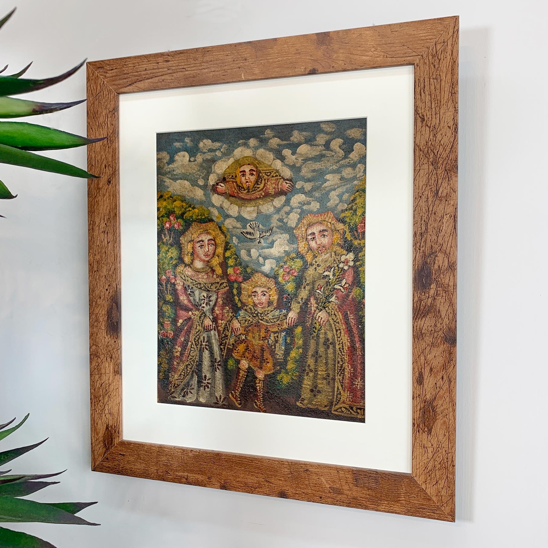 An exceptional early Cuzco School painting, naive depiction of the Holy Family, presented in a contemporary wooden frame.



The Cuzco or Cusco school was a Roman Catholic artistic tradition that began in the 1500's in Peru, following the Spanish
